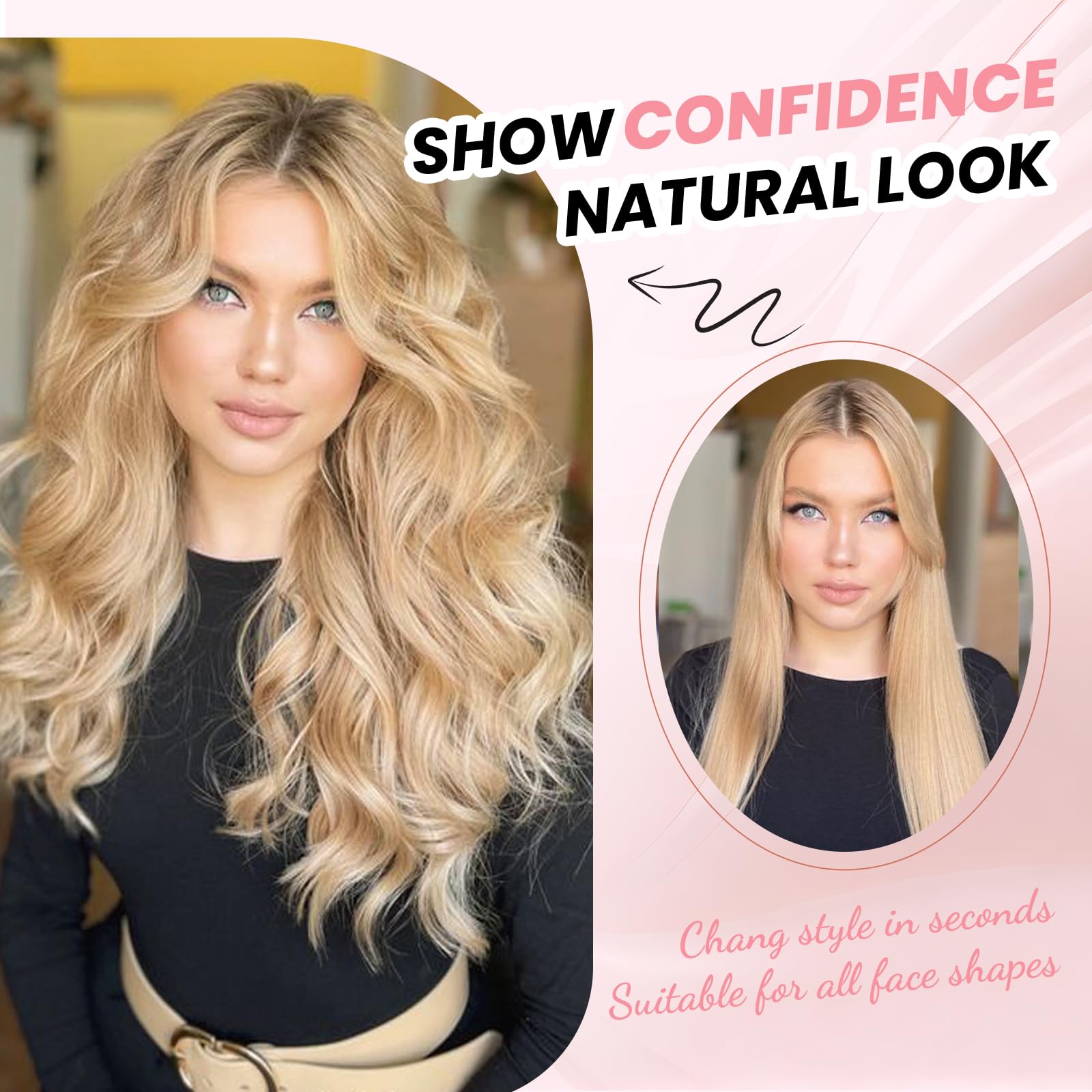 Haaraufsatz für Damen, gewellt, gelockt, handgeknüpft, Spitze zum Anklippen (Ombré von dunkler Wurzel bis Blond)