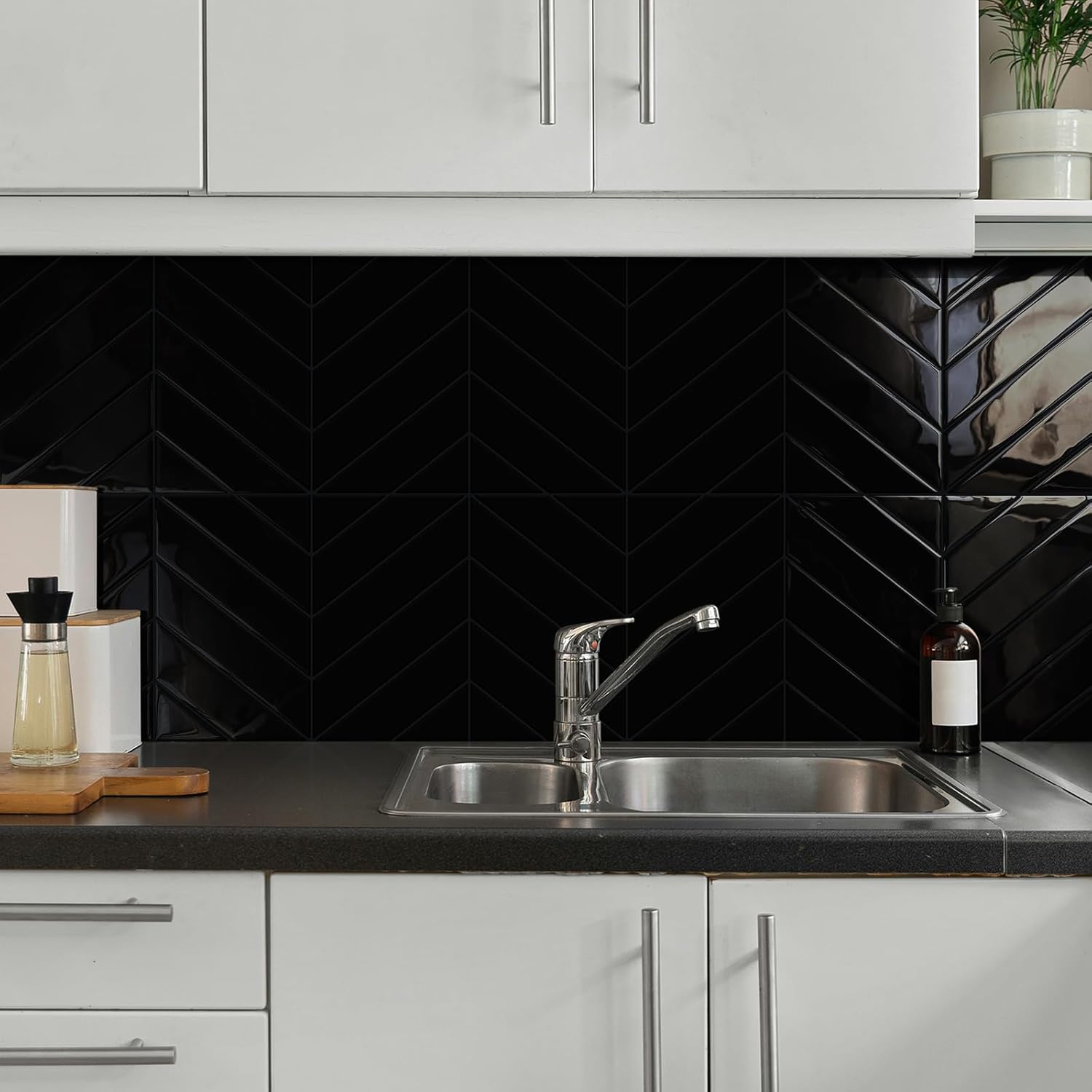 10-Sheet Herringbone Peel and Stick Backsplash Tiles for Kitchen, 3D Marble Look Self Adhesive Stick on Back Splashes Wall Tiles for Bathroom 11.5"x9" Black
