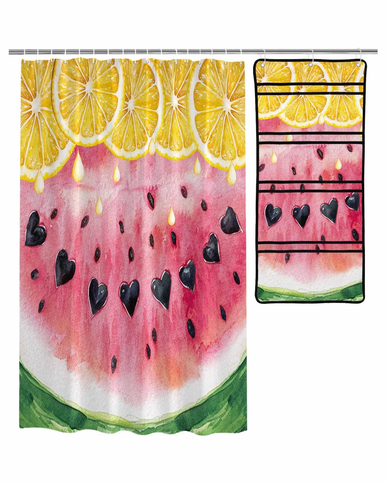 ZFUNCING Shower Curtain Mesh Shower Organizer Set Summer Tropical Watermelon Lemon Waterproof Bath Curtains Hanging Shower Caddy Bathroom