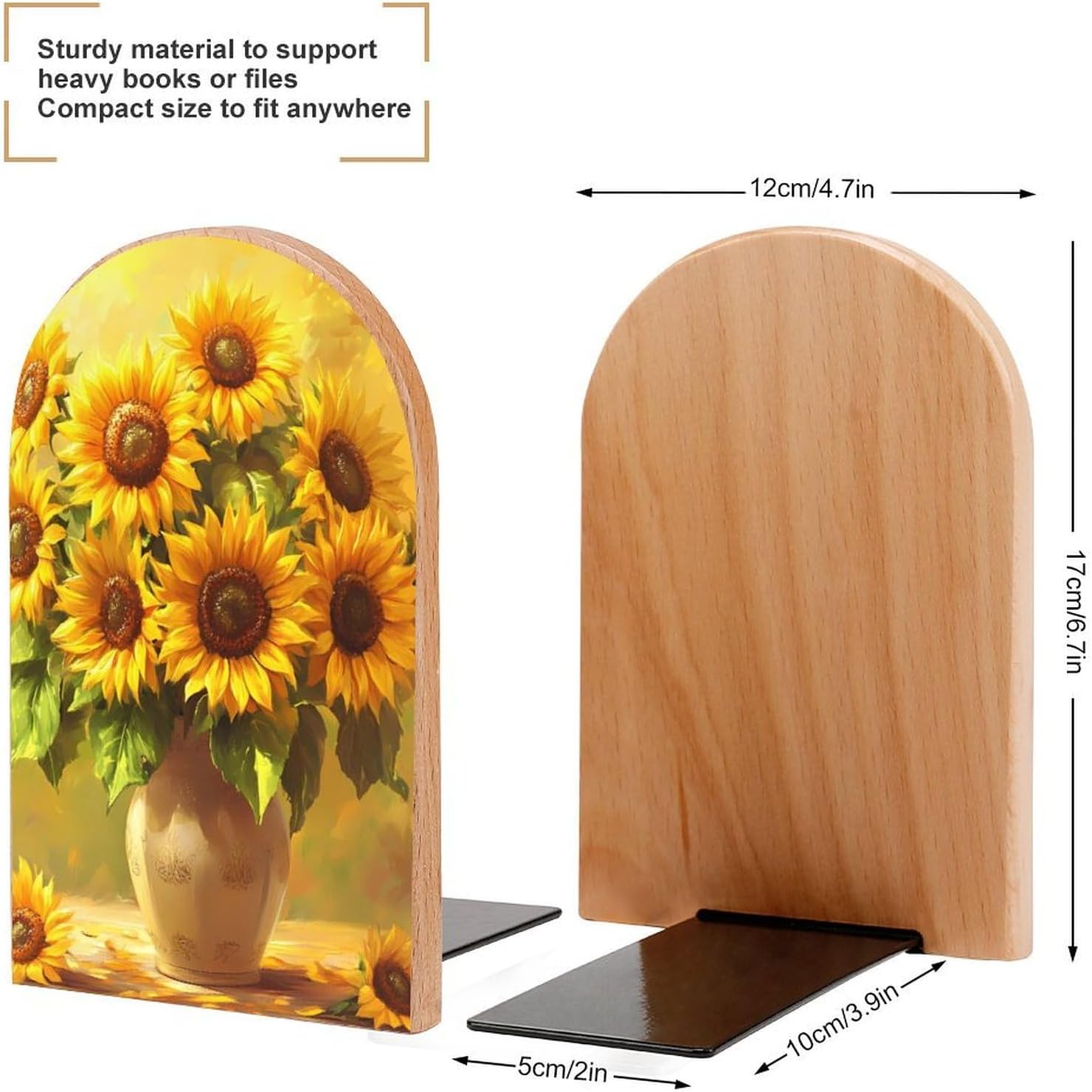 Beautifu Sunflowers Painting Cute Wood Book Ends Decorative Bookends 1 Pair Non-Skid for Shelves Home Office 7 X 5 Inch
