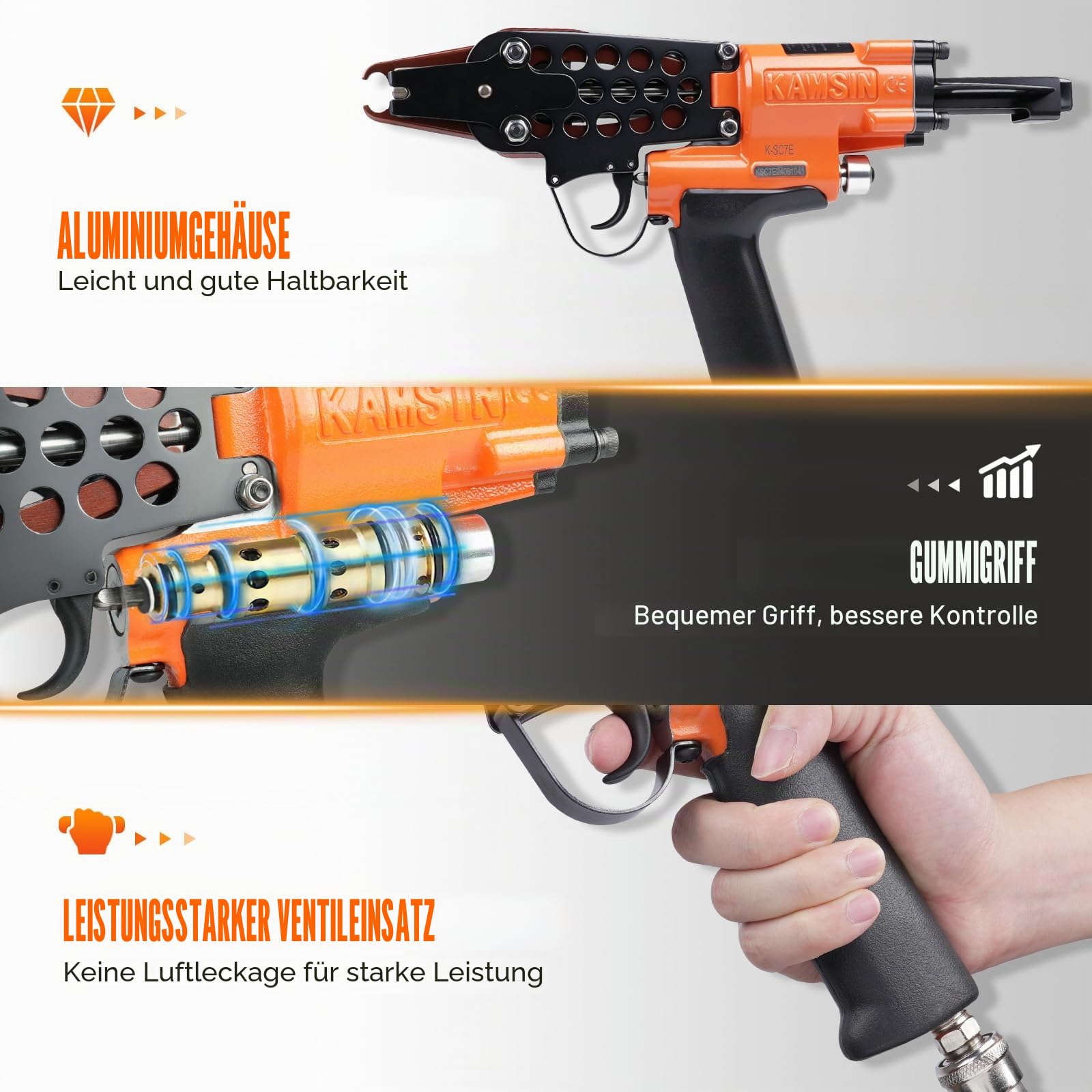 KAMSIN K-SC7E 15GA Pneumatische C Ring zange, 19 mm Krone 7,0 mm Verschluss Schweinering-zange für Gabionen, Zäune, Tierkäfige, Fallen und Befüllungsarbeiten