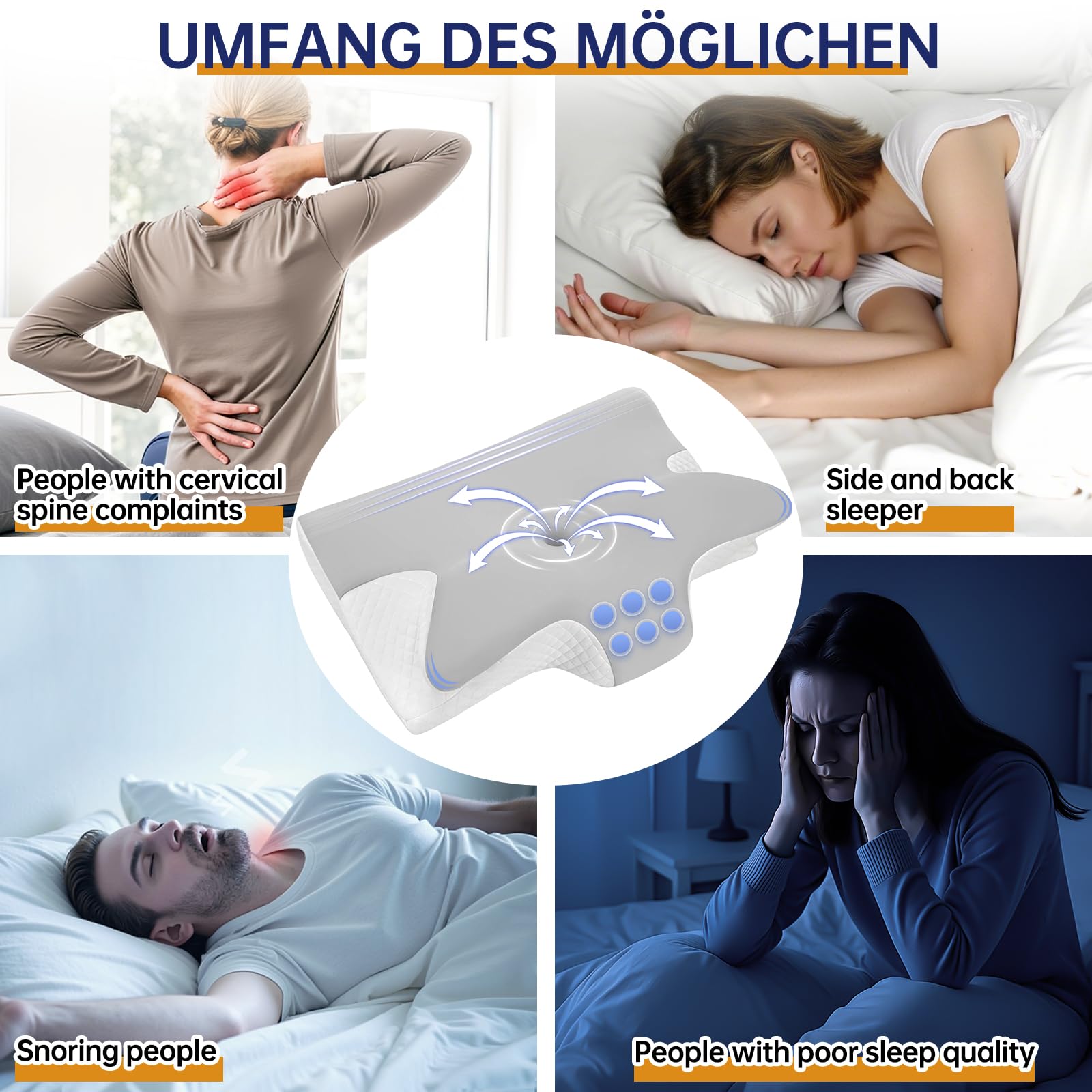 Nackenkissen Kopfkissen, Ergonomisches Nackenstützkissen, Orthopädisches Kissen Memory Foam, Seitenschläferkissen Nackenkissen für Seiten, Rücken & Bauchschläfer 60x43x14/12cm Grau