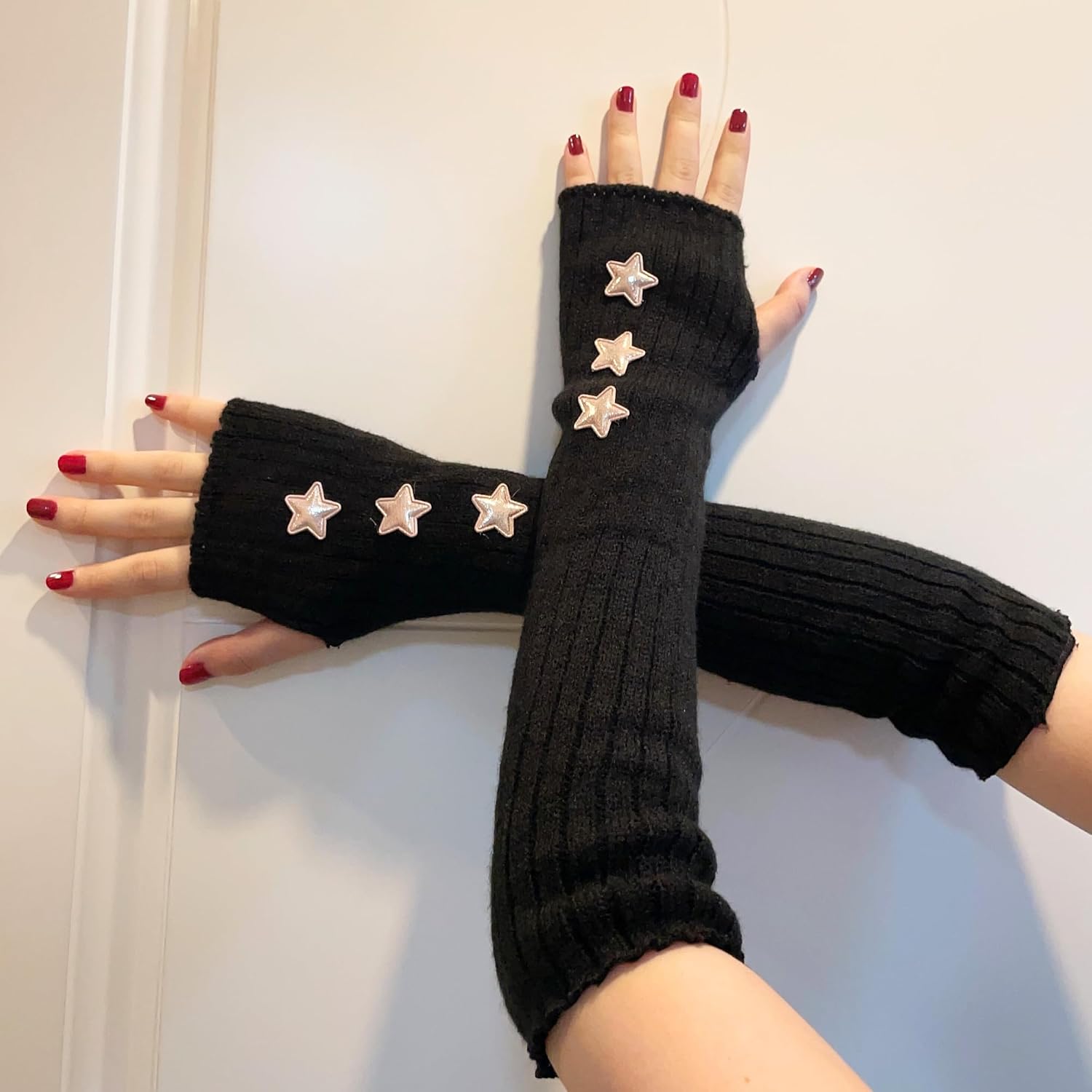 DUNKOING Cute Y2K Arm Warmers Kawaii Knitted Wrist Warmers Long Japanese Harajuku Goth Fingerless Sleeve for Women Girls