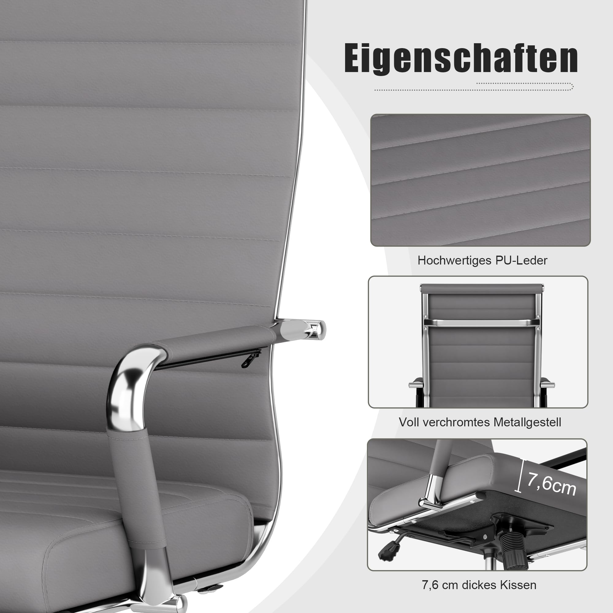 UEV Bürostuhl Ergonomisch Wippfunktion bis 150 kg belastbar Drehstuhl Grau | Schreibtischstuhl mit Armlehne Office Chair S-förmige Lendenwirbelstütze gepolsterter Sitz höhenverstellbar aus Kunstleder