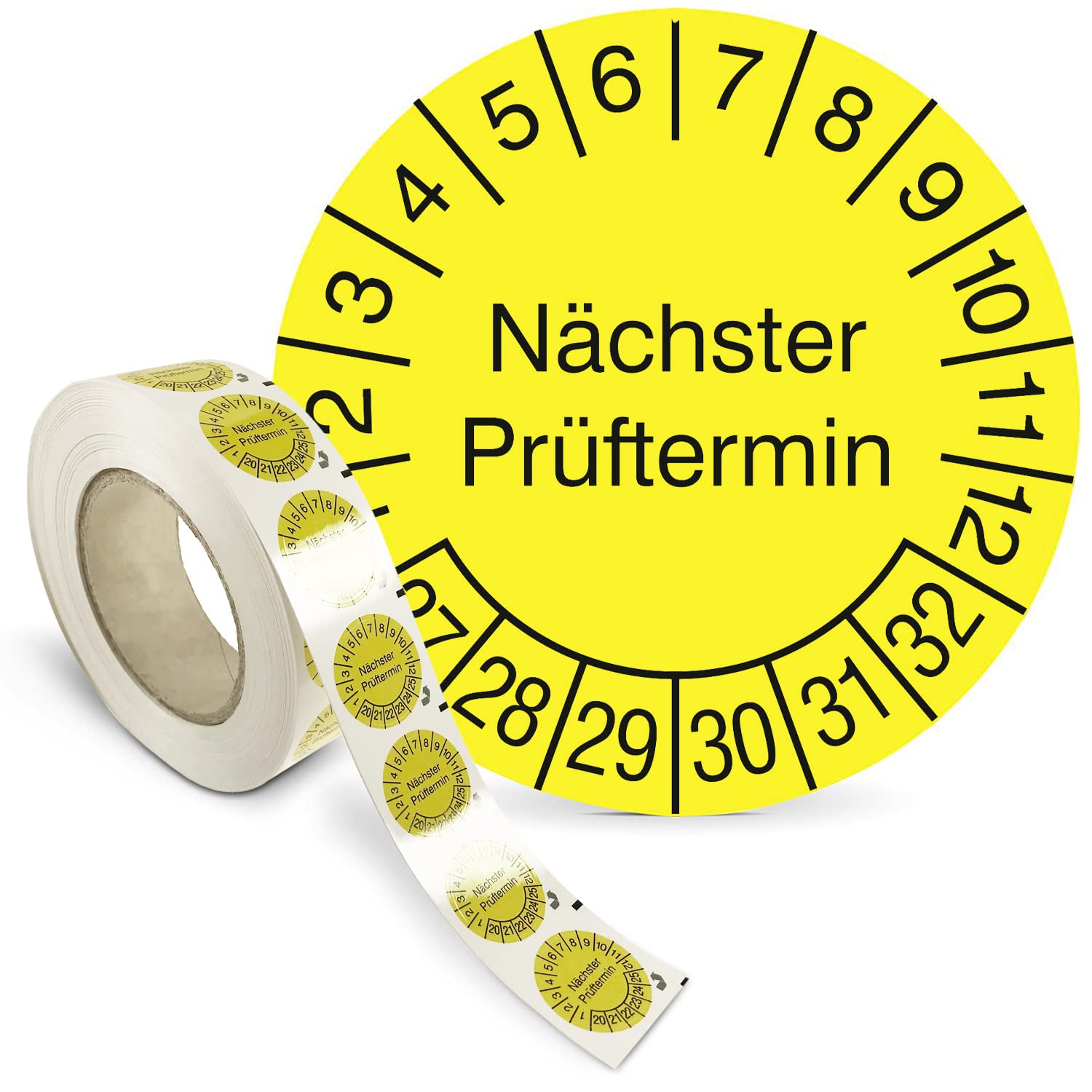 Prüfplakette „Nächster Prüftermin“ - Rolle mit 1000 Stück - Fälschungssicher - Dokumentenfolie, selbstklebend Ø 1,5 cm - gelb/schwarz - Jahre: 2027 – 2032 - Prüfetiketten