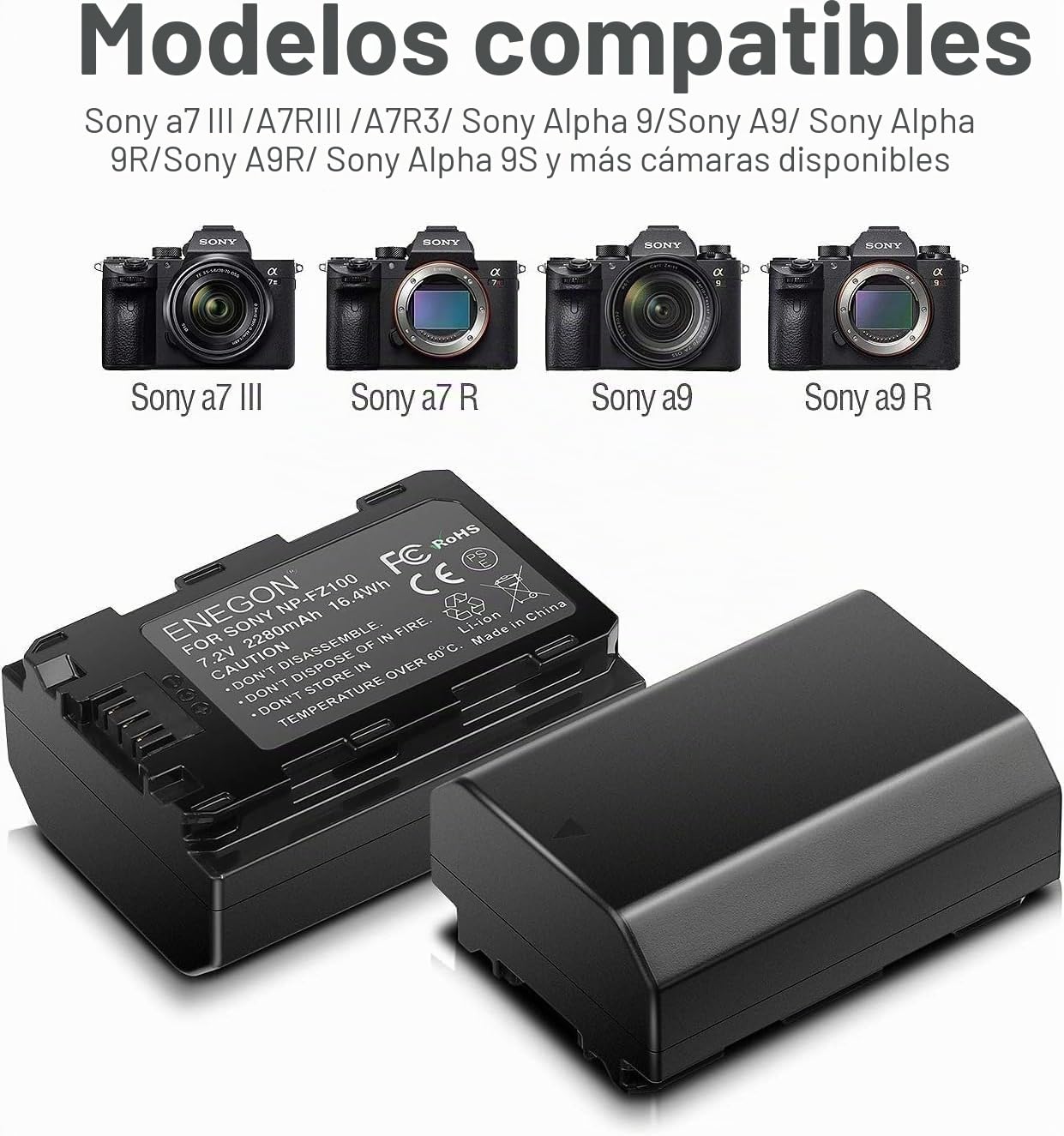 ENEGON 2X Sony NP-FZ100 Batería de Repuesto con Cargador de Pantalla LED para A9R, A9, A9R, Alpha 9S, A7III, A7RIII, A7R3, A7R4, A7RIV.