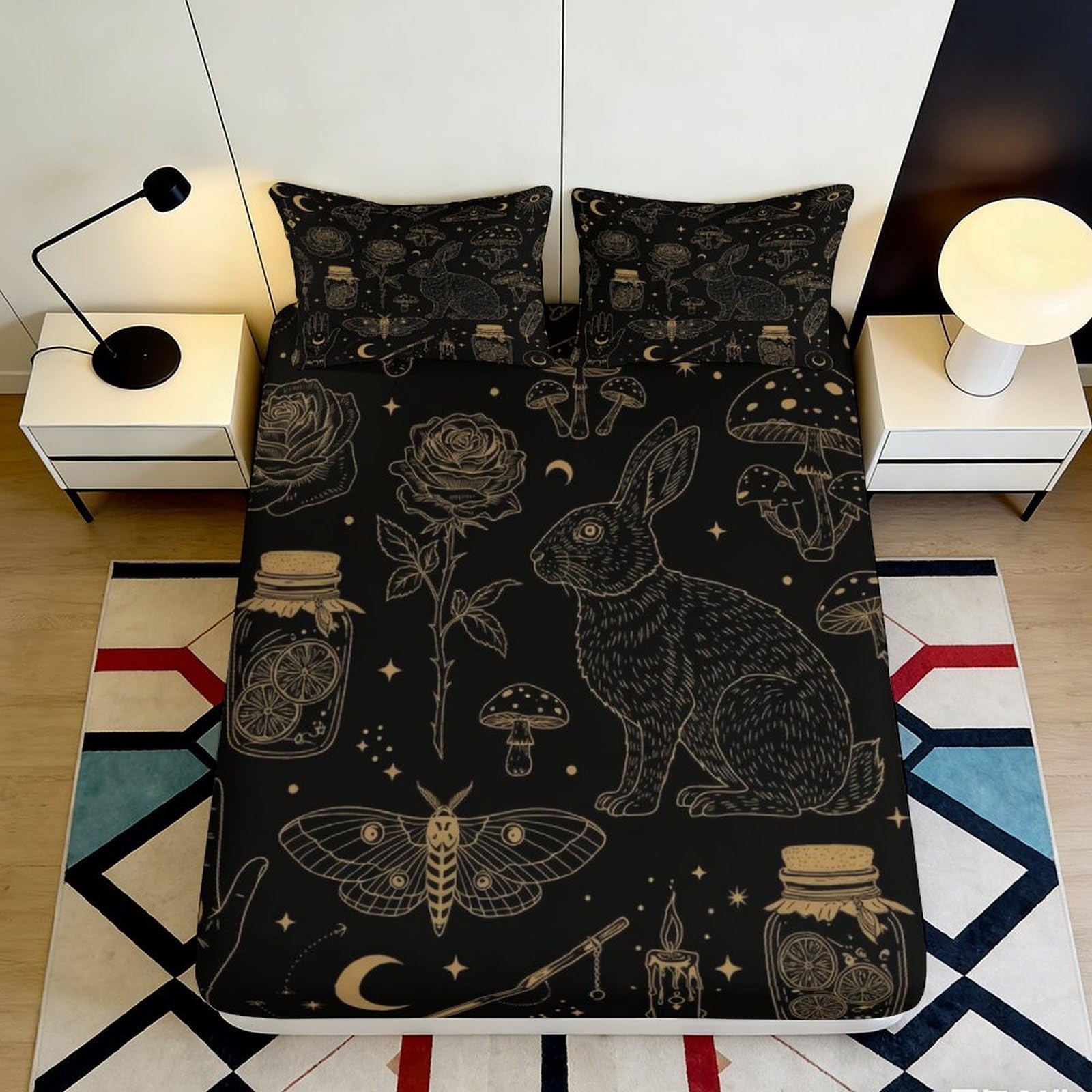 3D Printed Mystic Rabbit Fitted Sheet Microfiber Soft Breathable Moonlight Mushroom Bed Cover for Bedroom Dorm Dormitory Guest Room Mattress Protection 160x200x25cm