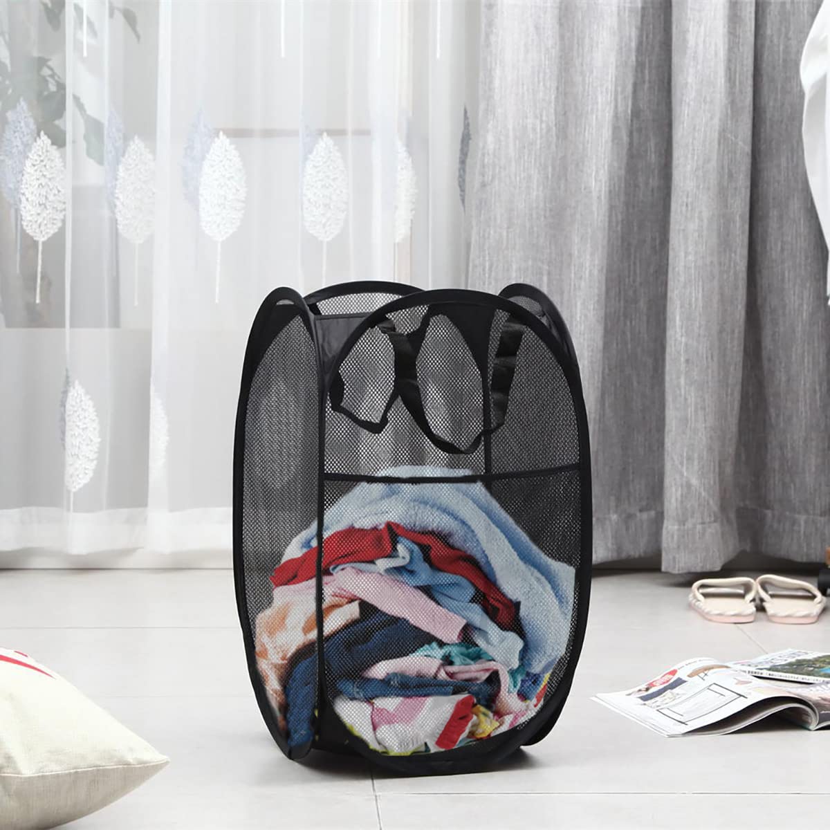 Cesto portabiancheria pop-up in rete con manici portatili e durevoli, cesto portabiancheria pieghevole per la conservazione dei vestiti, per la camera dei bambini, il dormitorio universitario o