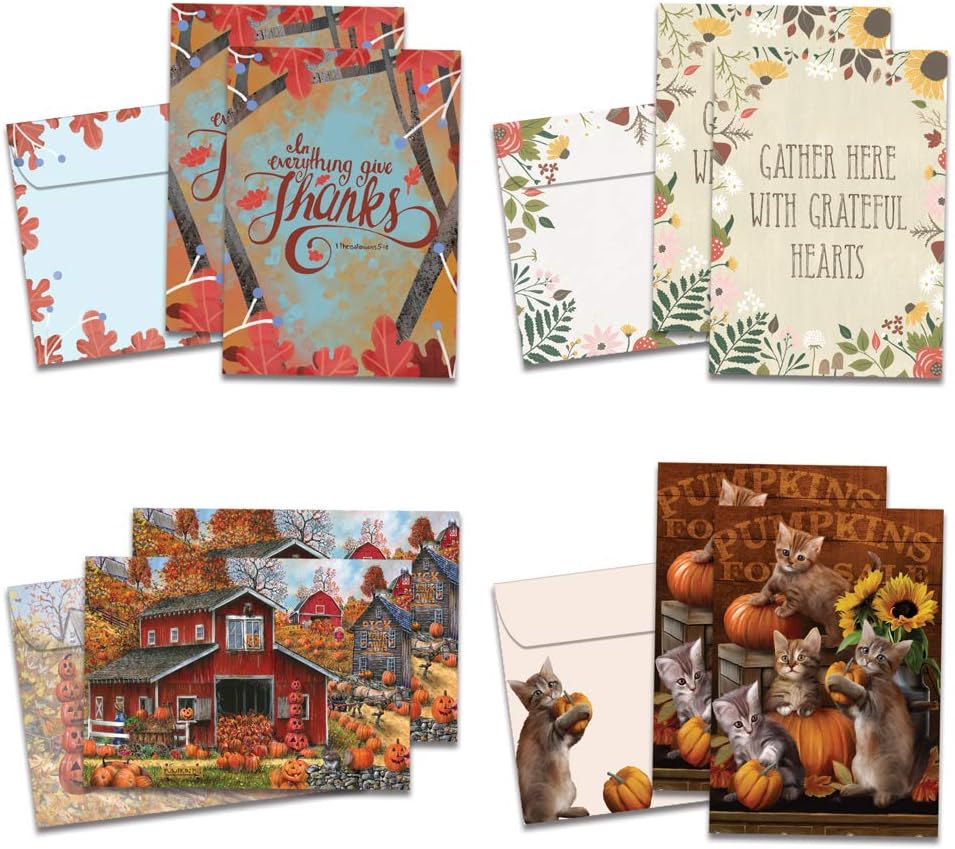 Tree-Free Greetings Thanksgiving 8 Pack Card Assortment & Matching Envelopes, 100% Recycled Paper, 5”x7”, Grateful, Pumpkins,Kittens,Friends (GA54085)