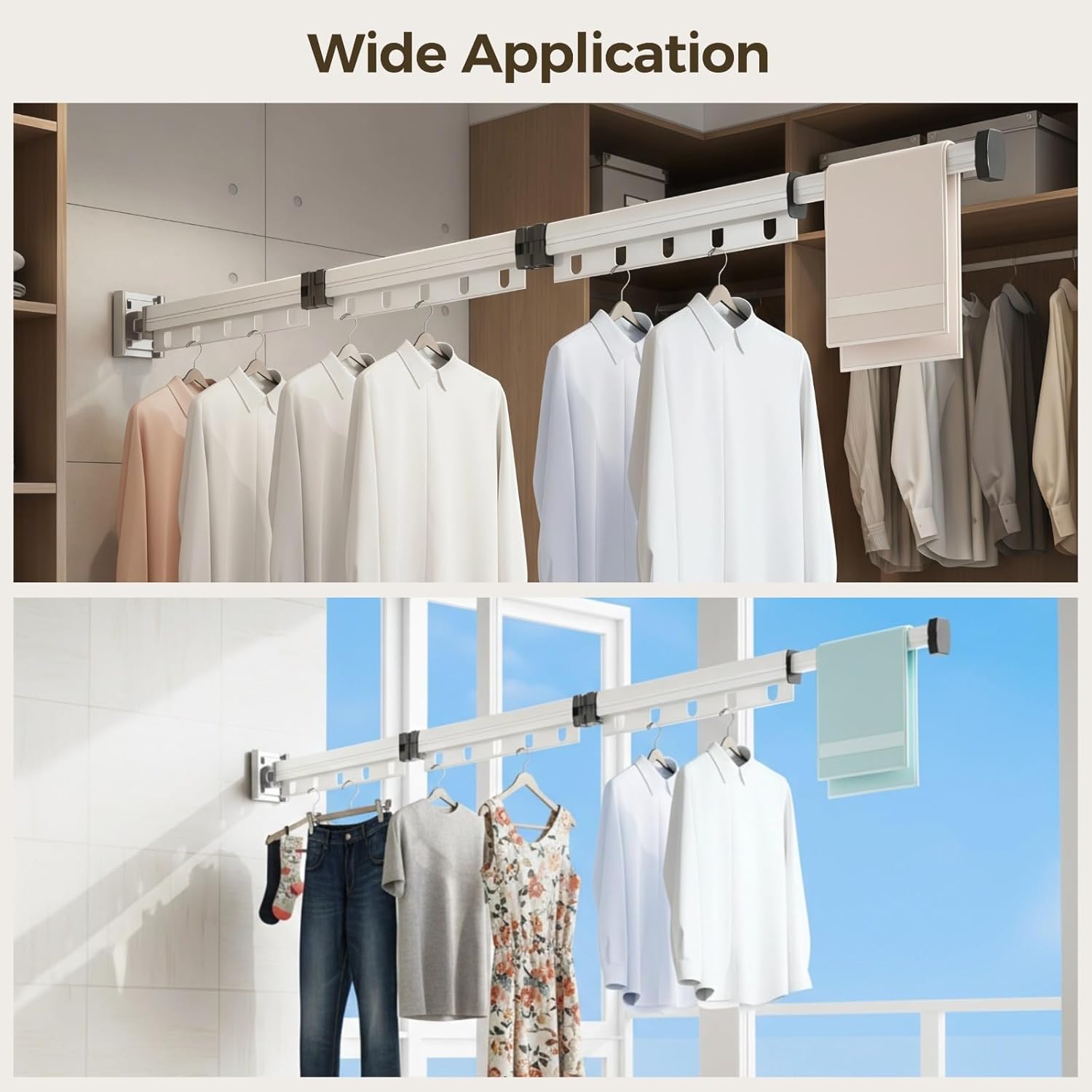 White Retractable Clothes Drying Rack, 49.6 in, Wall Mounted, Aluminum Alloy, Includes 15 Hooks, No Drill Option
