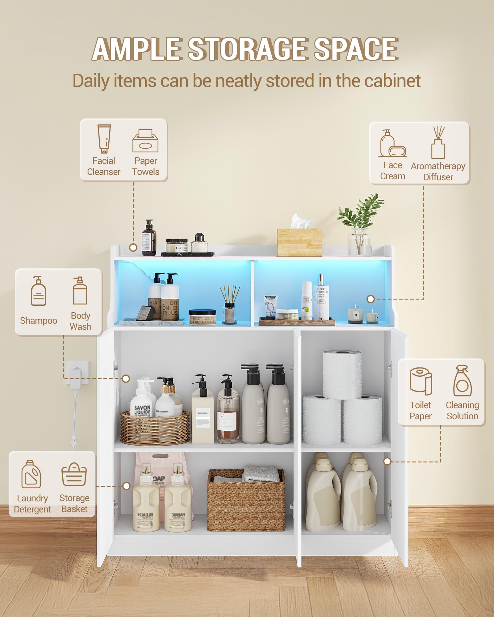 Hzuaneri Mobile Bagno, Luci LED Regolabili, 3 Anta, 2 Spazio Aperto, Ripiani Regolabili, Grande Capacità di Stoccaggio, Moderno, per Soggiorno o Bagno, Dimensioni, 30 x 100 x 107 cm, Bianco 5210003XEU