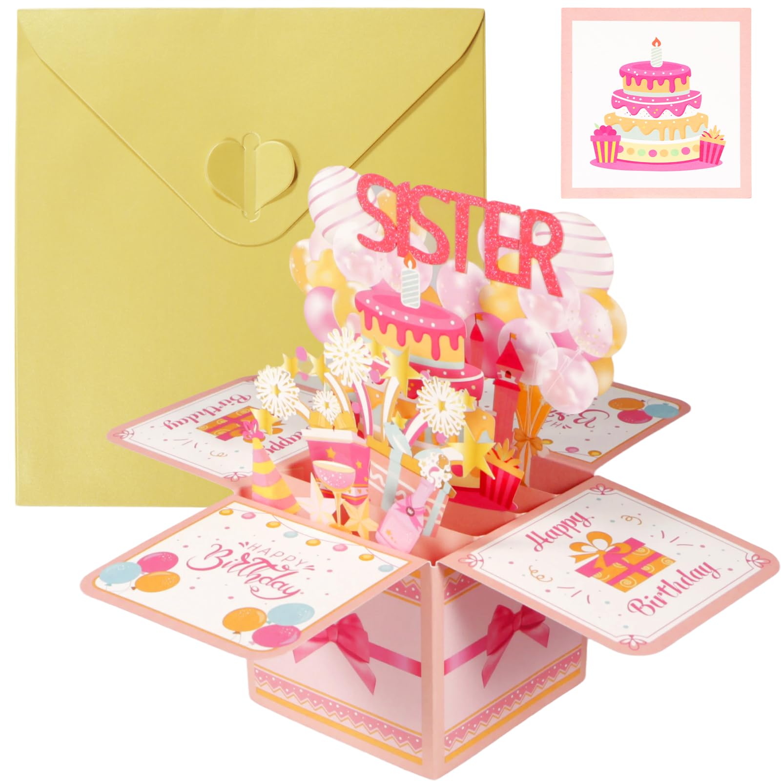 Sister Birthday Card, 3D Pop Up Creative Cards with Envelope, Pink Personalised Birthday Card for Women, Mother, Wife, Daughter, Sister, Granddaughter, Birthdays Gifts