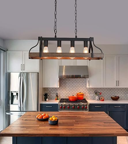 Miniatura 5 de Lámpara rústica para isla de cocina, comedor, lámpara lineal de granja, acabado de madera retro y 4 luces, colgante de metal industrial con