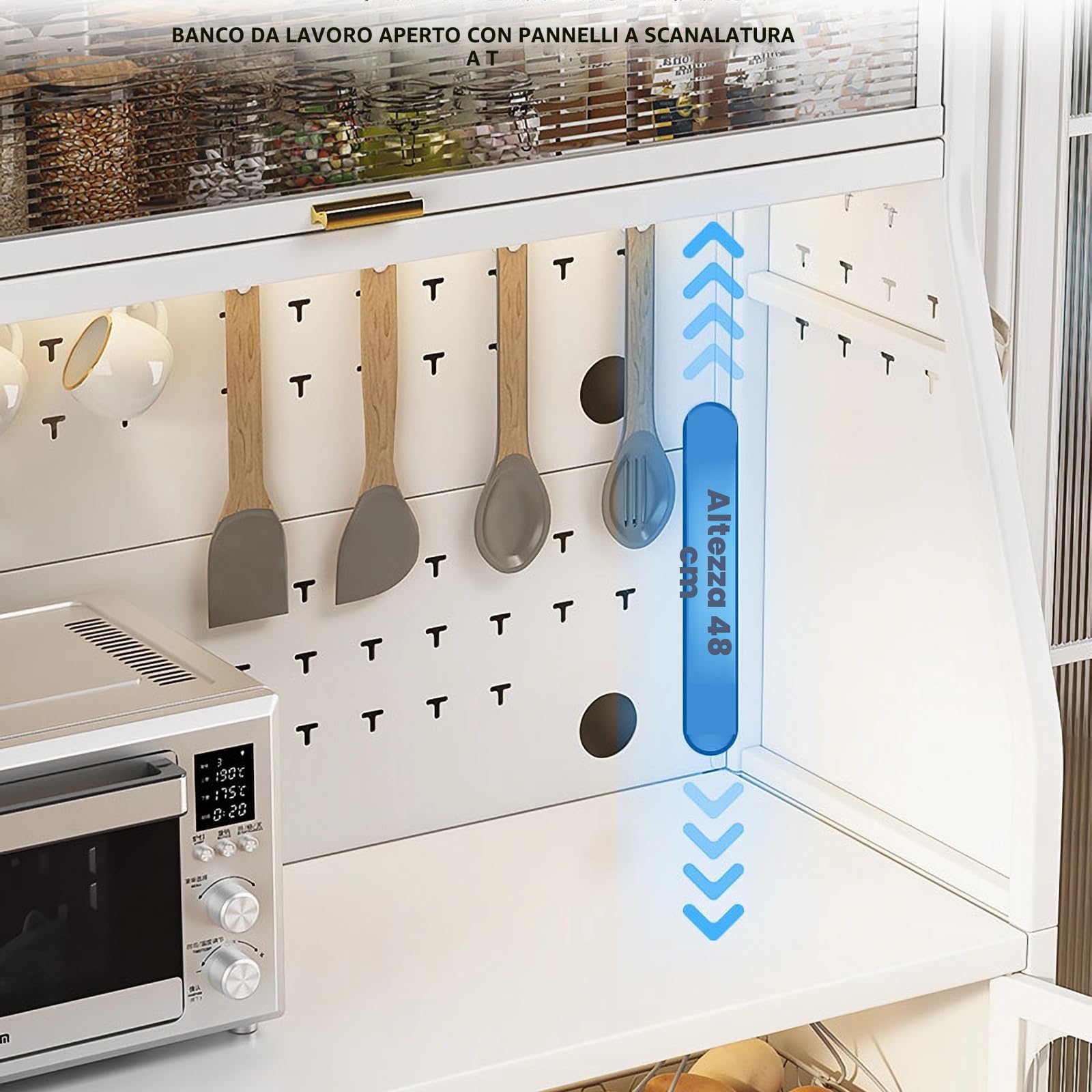 Fiutazge Largo 66 cm Credenza Cucina Alta con Ante in Acrilico,Mobile Cucina con Ripiani Regolabili,Ruote e Foro Passacavi,Credenza Soggiorno Montaggio Senza Attrezzi per Pranzo Ingresso-Bianco