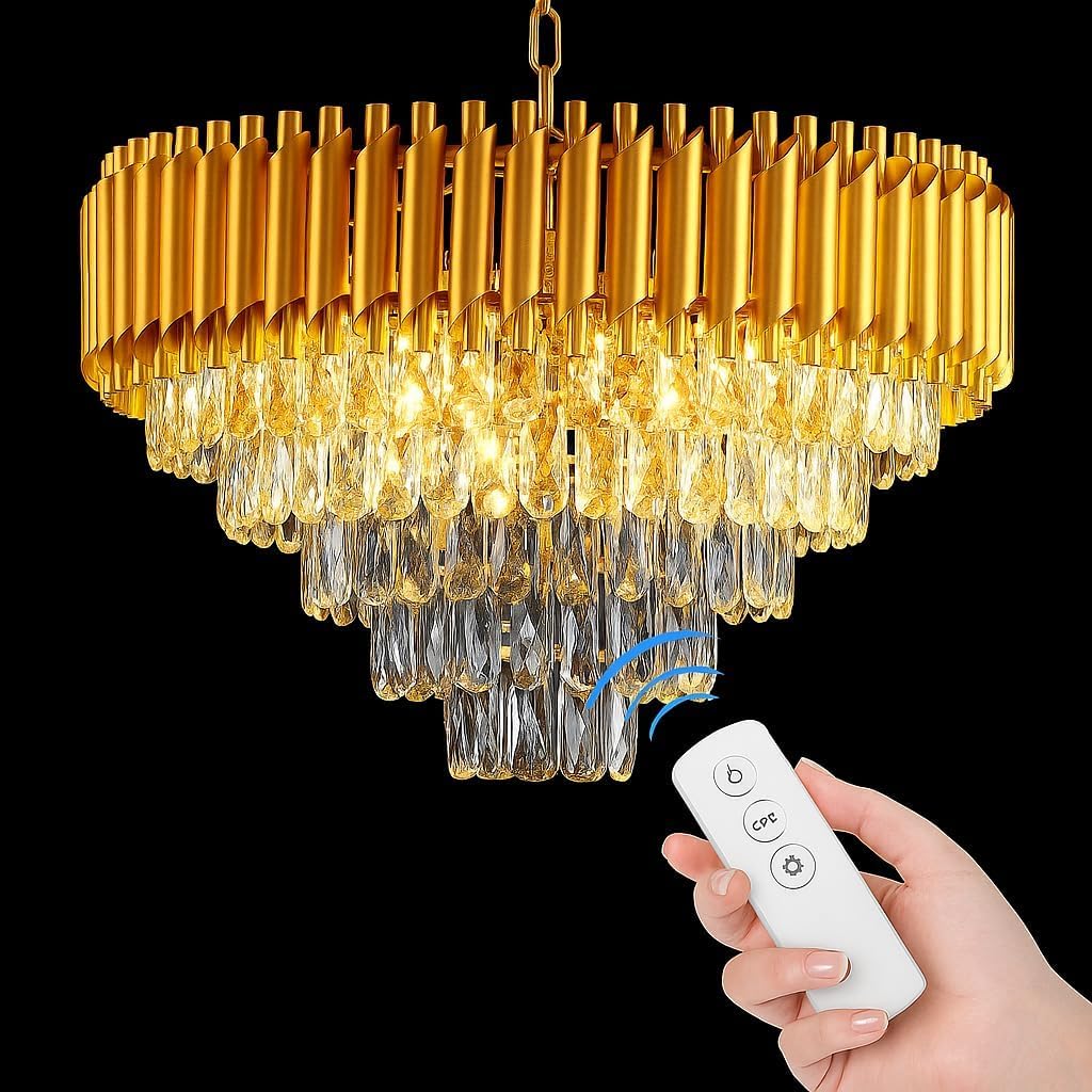 Zingy Modern Crystal 4-Tier Gold Chandeliers, Remote Control and Moving Round, Colour Changing| Ceiling Light Fixture for Living Room Bedroom (Full Gold Remote, 500MM)