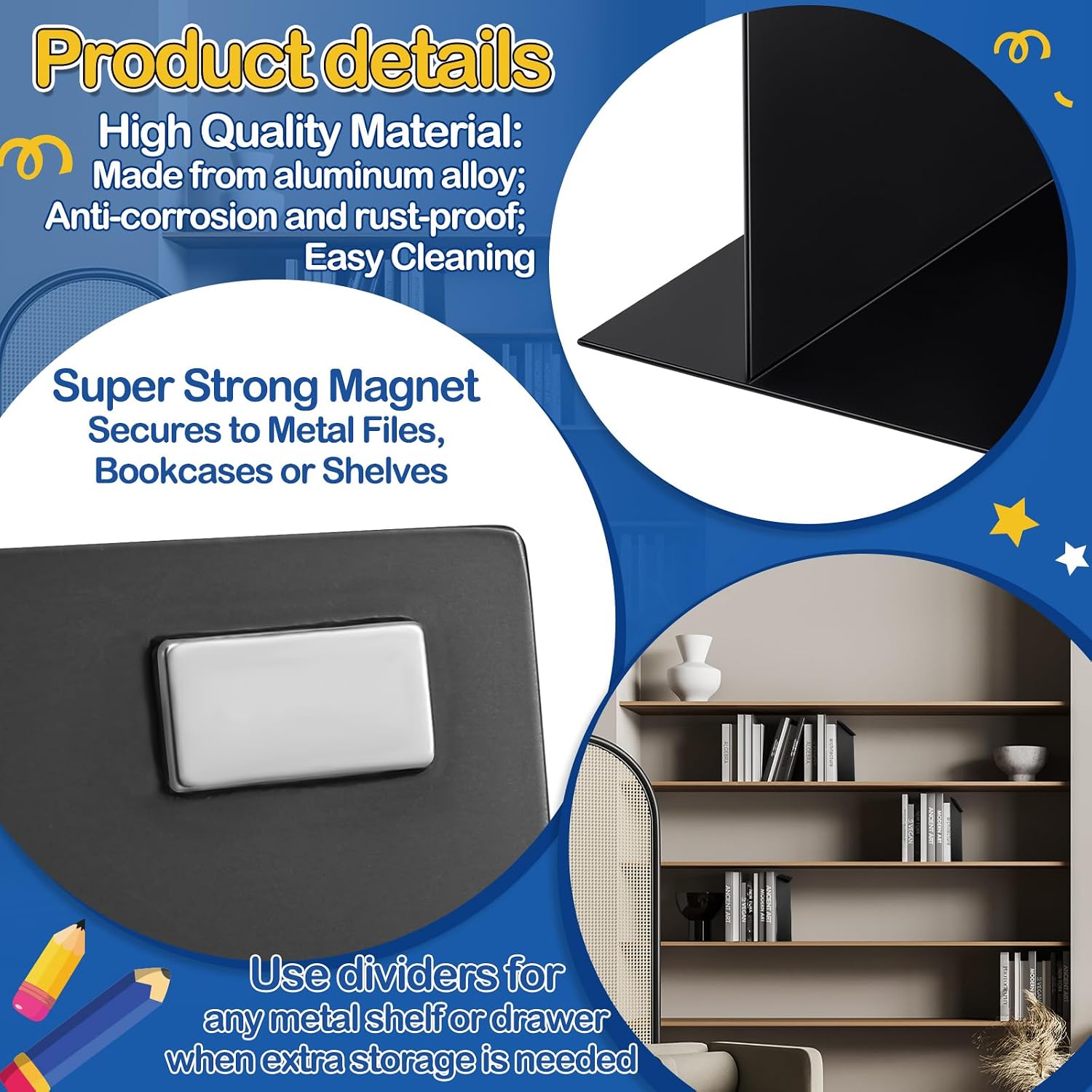 Magnetic File Dividers Heavy Duty Metal Magnetic File Followers 7-1/2" High 9" Wide 5" Base, Black Magnetic File Divider Bookends for Metal Boxes File Organizer Cabinets Bookcases