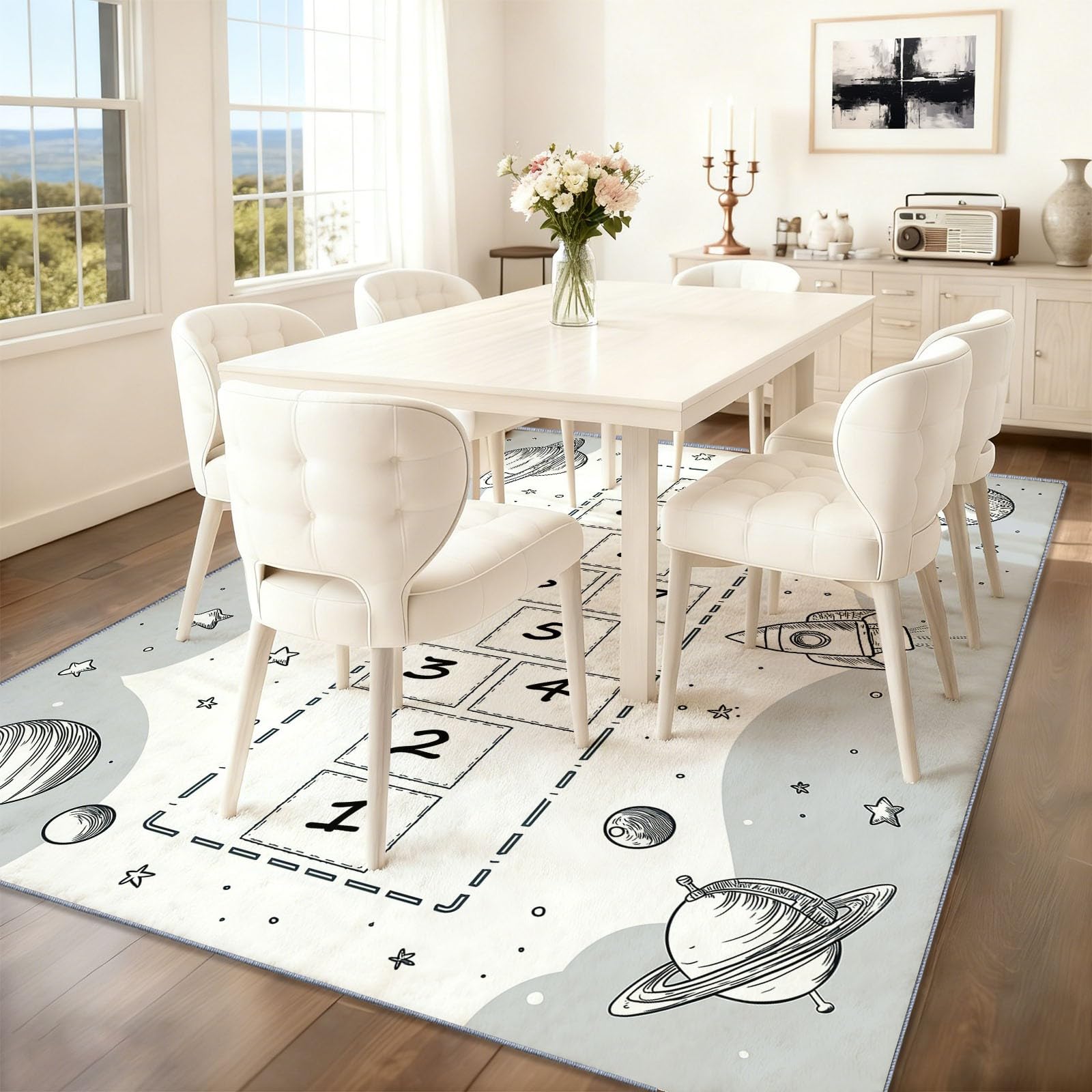 Tapis Salon 120 x 170 cm, Lavable Antidérapant Tapis, Thème De l'espace Marelle pour Enfants Carrés Imprimé Carpette pour la Chambre la Salle à Manger et Bureau - Gris Low Poils