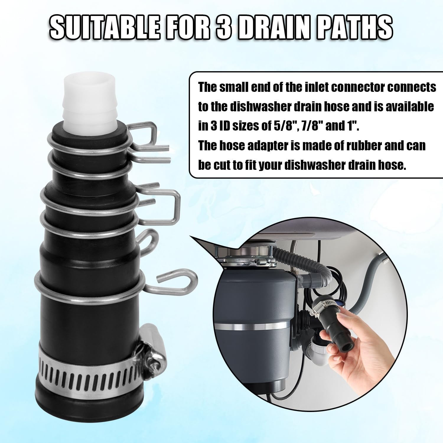 Dishwasher Drain Hose Adapter Compatible with Insinkerator Garbage Disposals, Drain Hose Connector Dishwasher Connect Kit Includes 1 Inlet Connector, 1 Hose Clamp and 3 Spring Clamps