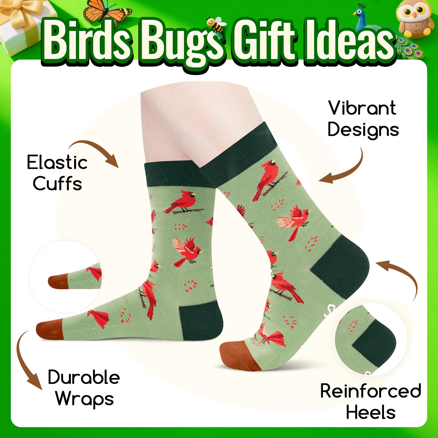 HAPPYPOP Gifts for Bird Lovers - Hummingbird Pigeon Peacock Owl Cardinal Butterfly Socks