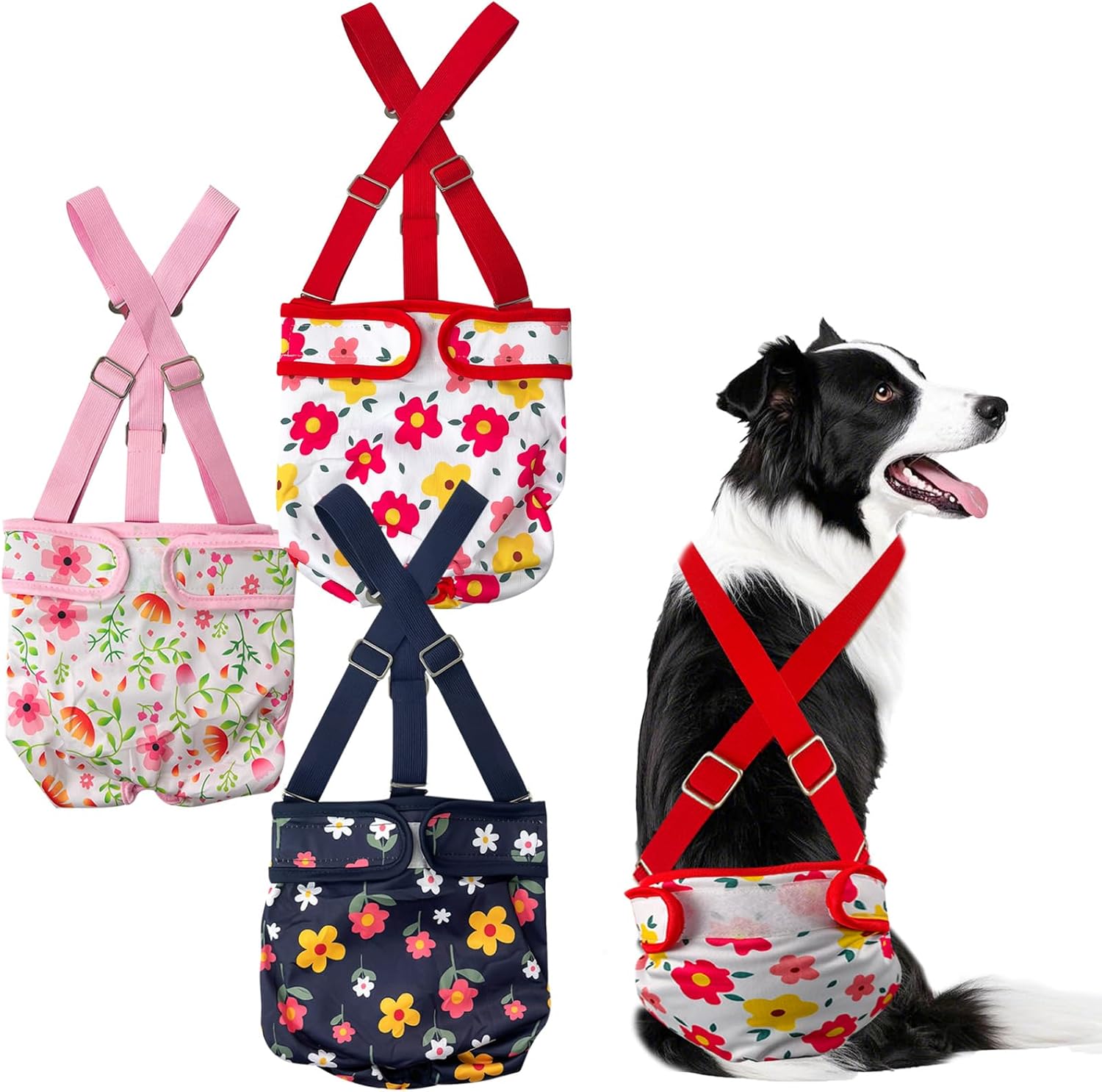 3 Pack Washable Female Dog Diaper with Suspender,Reusable Fixed Doggie Diapers Super Absorbent Leakproof for Small Medium Large Dog in Heat Cycle-XL Blue,Red,Pink XL