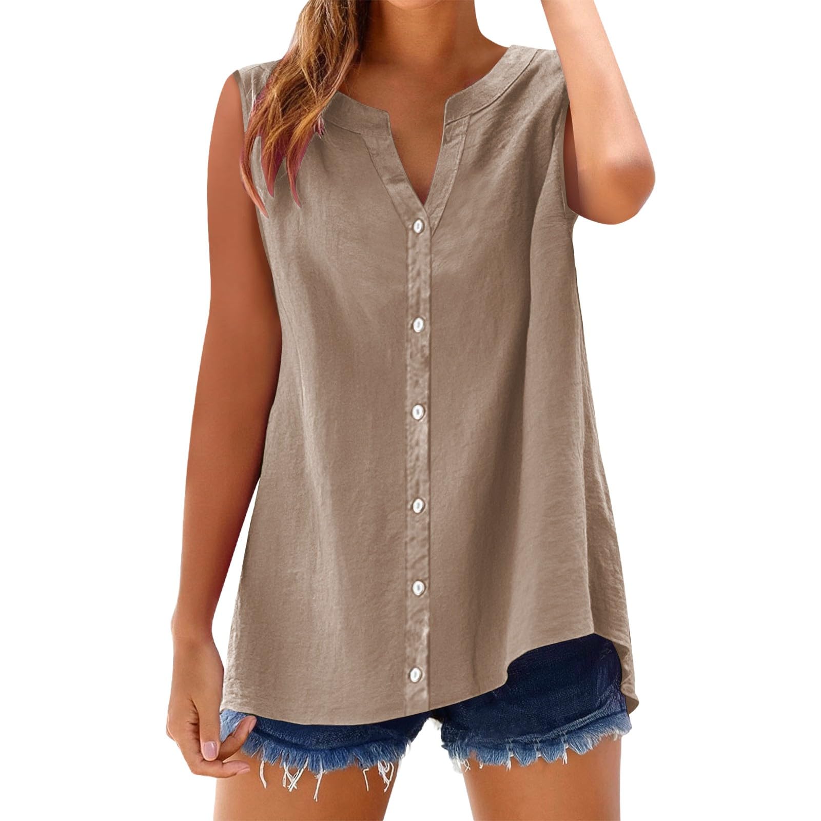 Womens Cotton Linen Casual Tank Tops Oversize Sleeveless V Neck Solid Color Button Down Shirts Ladies Summer 2025 Vacation Travel Trendy Blouses Plus Size Brown