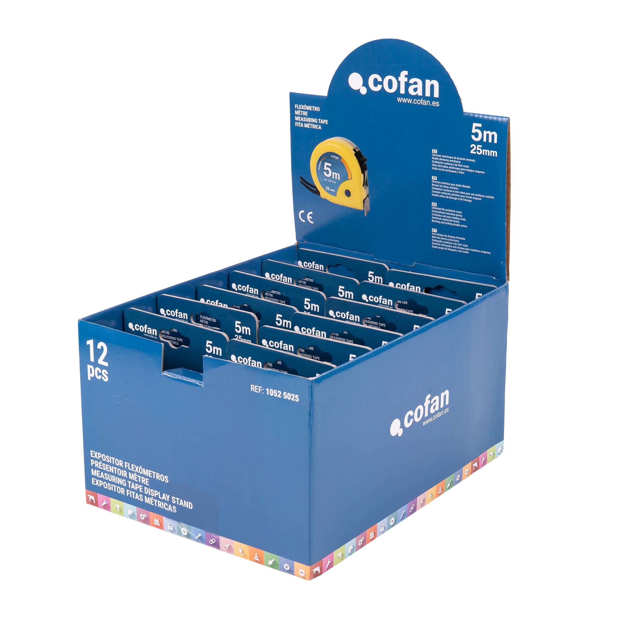 Cofan Cofan - Espositore per flessometri con blocco a lama, include 12 flessometri | Flexometro 5 m x 25 mm (foglia) | Misura espositore: 22 x 28 x 15,5 cm