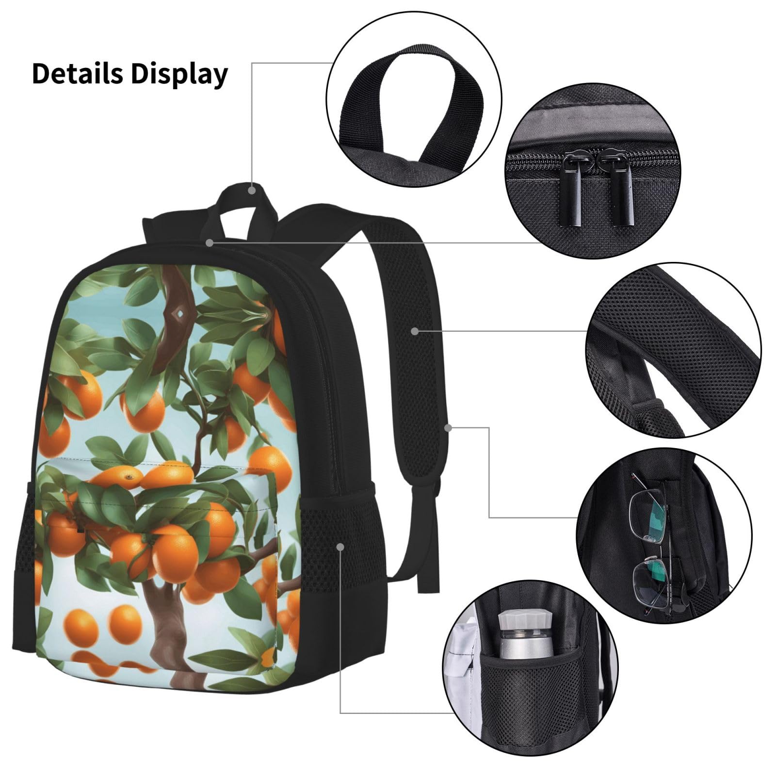 Set di 3 zaini per computer portatile con borsa termica per il pranzo e organizer per il lavoro con molte arancioni sull'albero