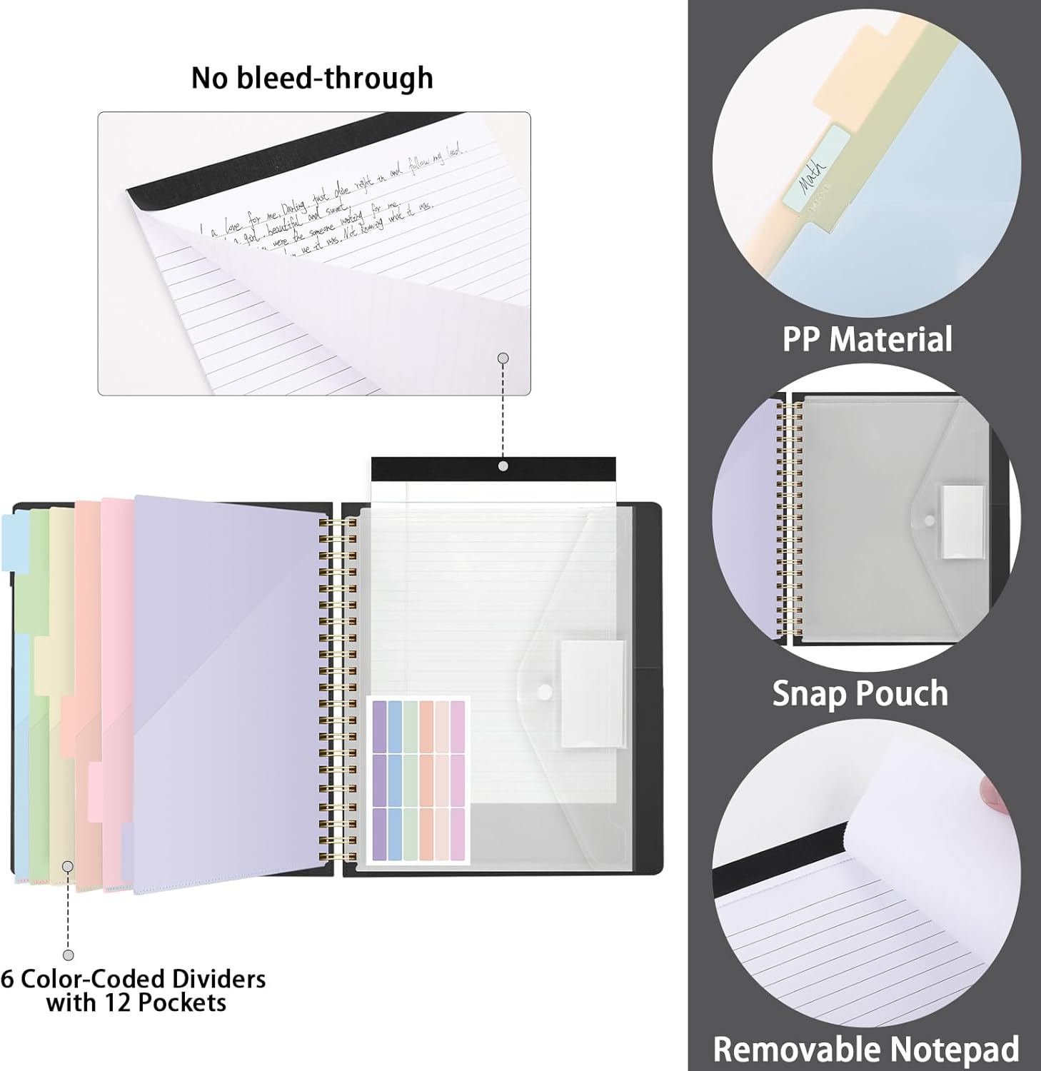 SKYDUE Clipboard Folder with Storage Notebook, 6 Dividers with 12 Pockets, Spiral Clipboard Folio with Stickers, 10" × 11.5" Spiral Clipboards Padfolio for Teacher Worker Supplies