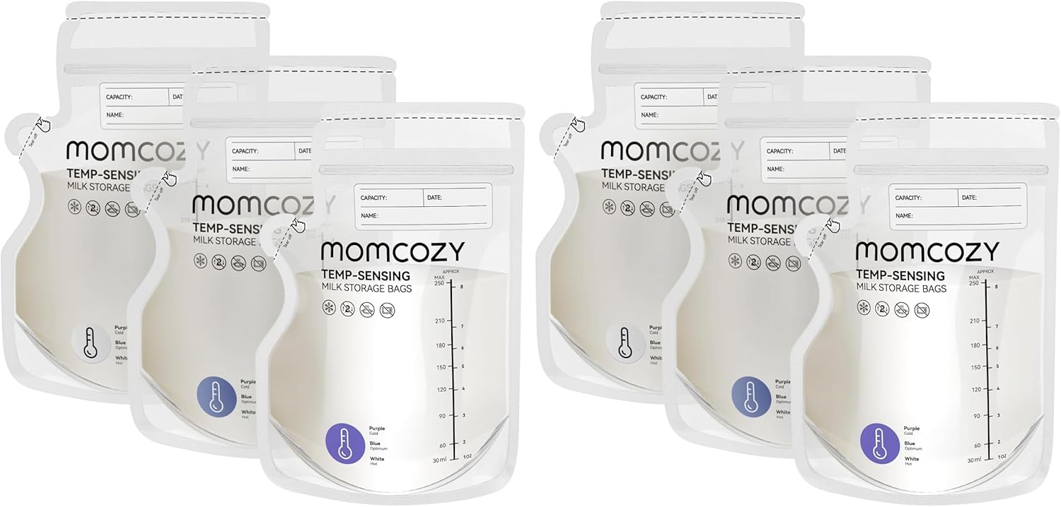 Momcozy Easy Pour Breastmilk Storage Bag, 8Oz, Temp-Sensing Color Change, 120 Count Milk Bag with Self Standing for Breastfeeding, No Leak Presterilized for Freezer, Recyclable & BPA Free (Pack of 2)