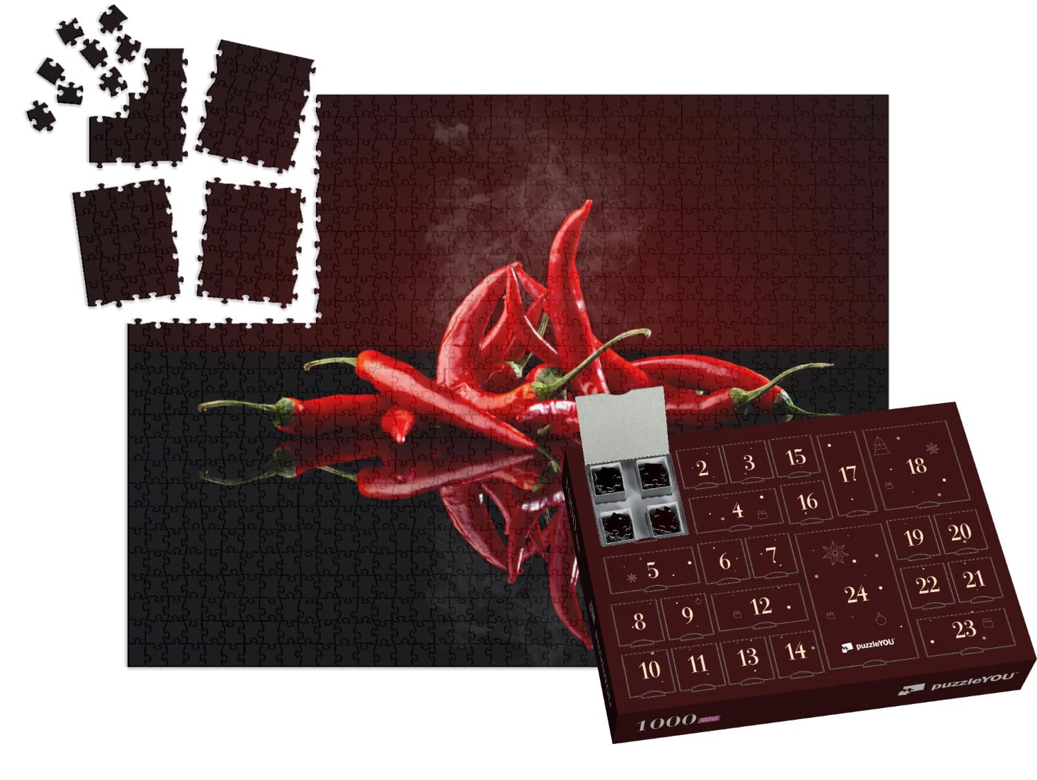 puzzleYOU: Puzzle-Adventskalender | „Rote Chili auf schwarzem Hintergrund“ – aus der Puzzle-Kollektion Chilis