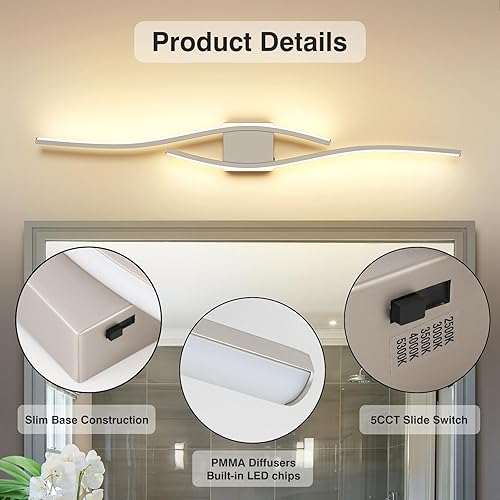 Miniatura 6 de Joossnwell Lámpara de tocador de baño, moderna lámpara de baño sobre espejo níquel cepillado 5CCT regulable LED barra de luz de tocador de baño de