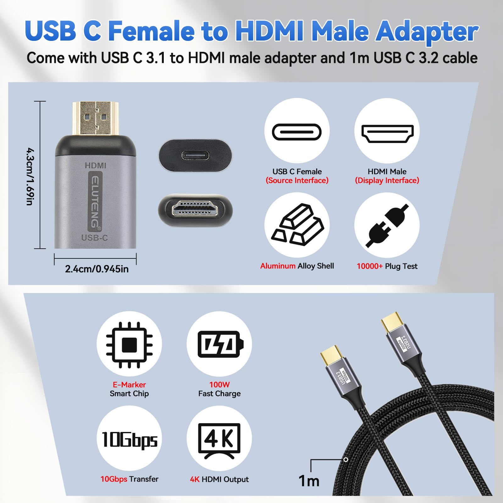 ELUTENG Adattatore USB C a HDMI 4K con Cavo Video USB C 3.2, HDMI USB C Adapter Alluminio con Thunderbolt 3/4 per iPhone 16/15 Pro/Max MacBook iPad Pro/Air Surface Book 2 XPS Galaxy