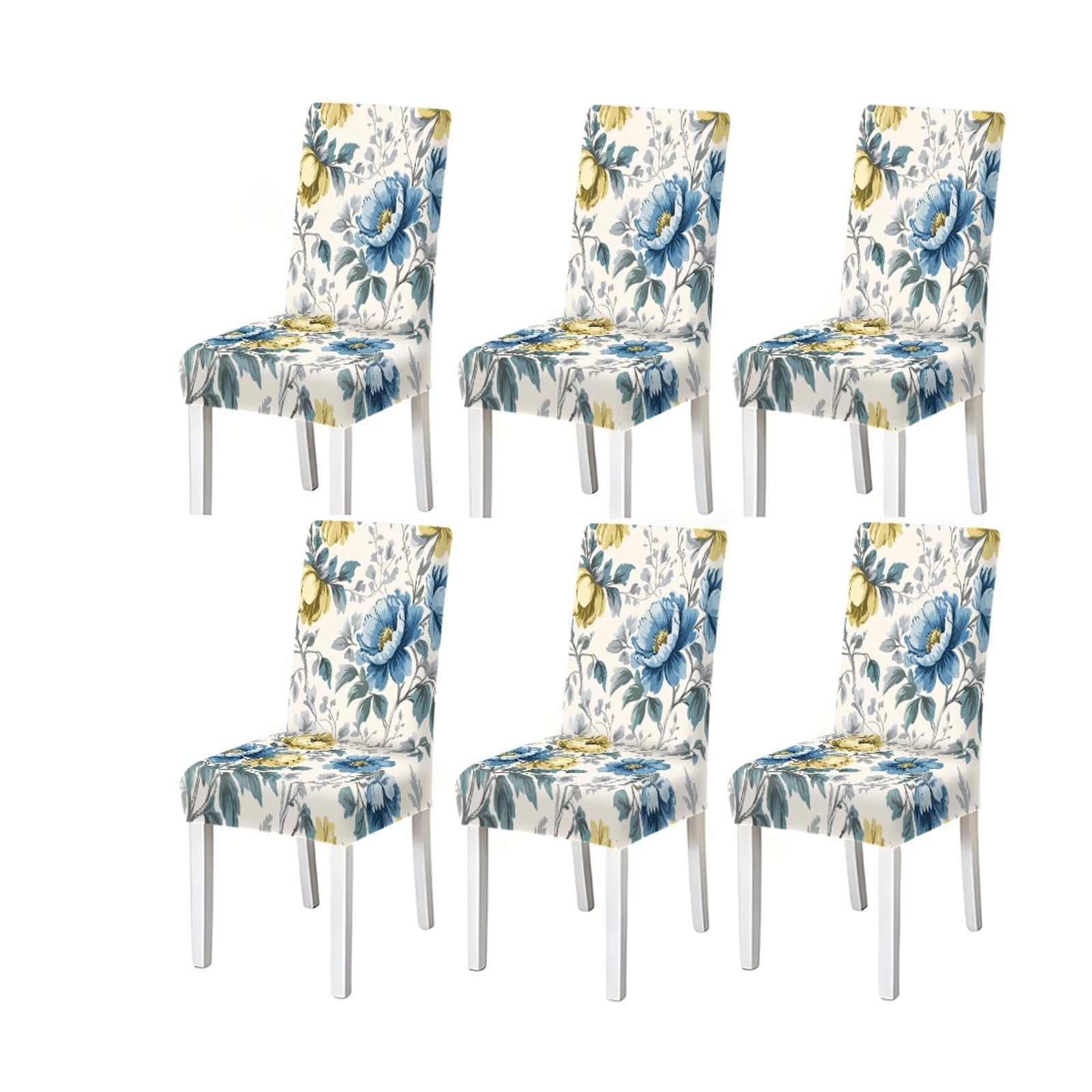 KXUAUV Elegant Blue Yellow Peony Floral Print Stretch Dining Chair Covers, 2/4/6 PCS For Home Kitchen Party Seat Protectors for Restaurant Hotel Party(6PCSChair cover)