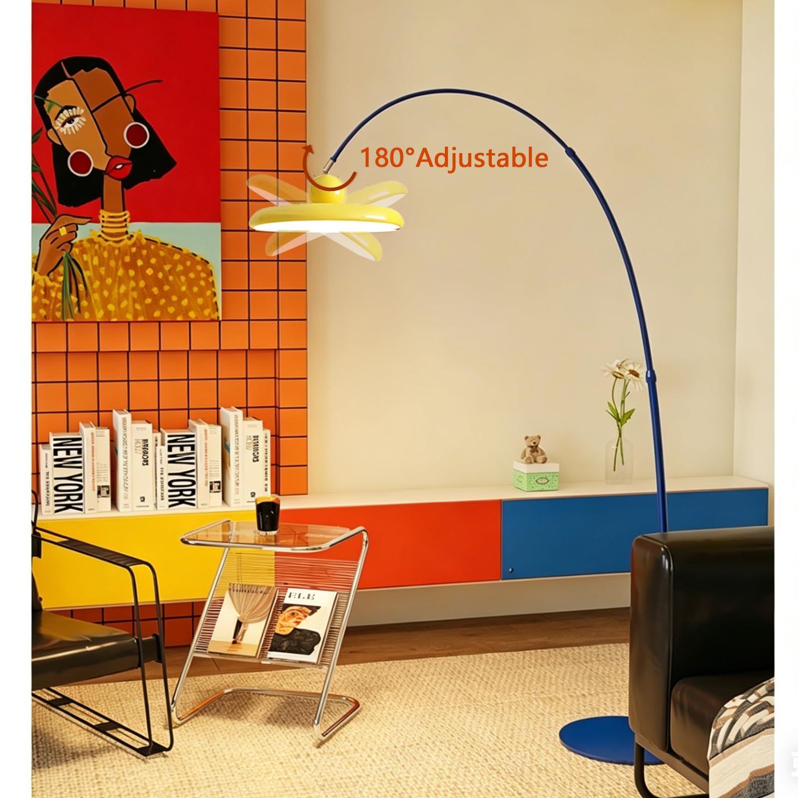 Lampada da terra ad arco moderna, lampada da terra colorata con LED da 32W, paralume giallo, altezza regolabile e interruttore a pedale, lampada da terra dimmerabile per soggiorno, lettura