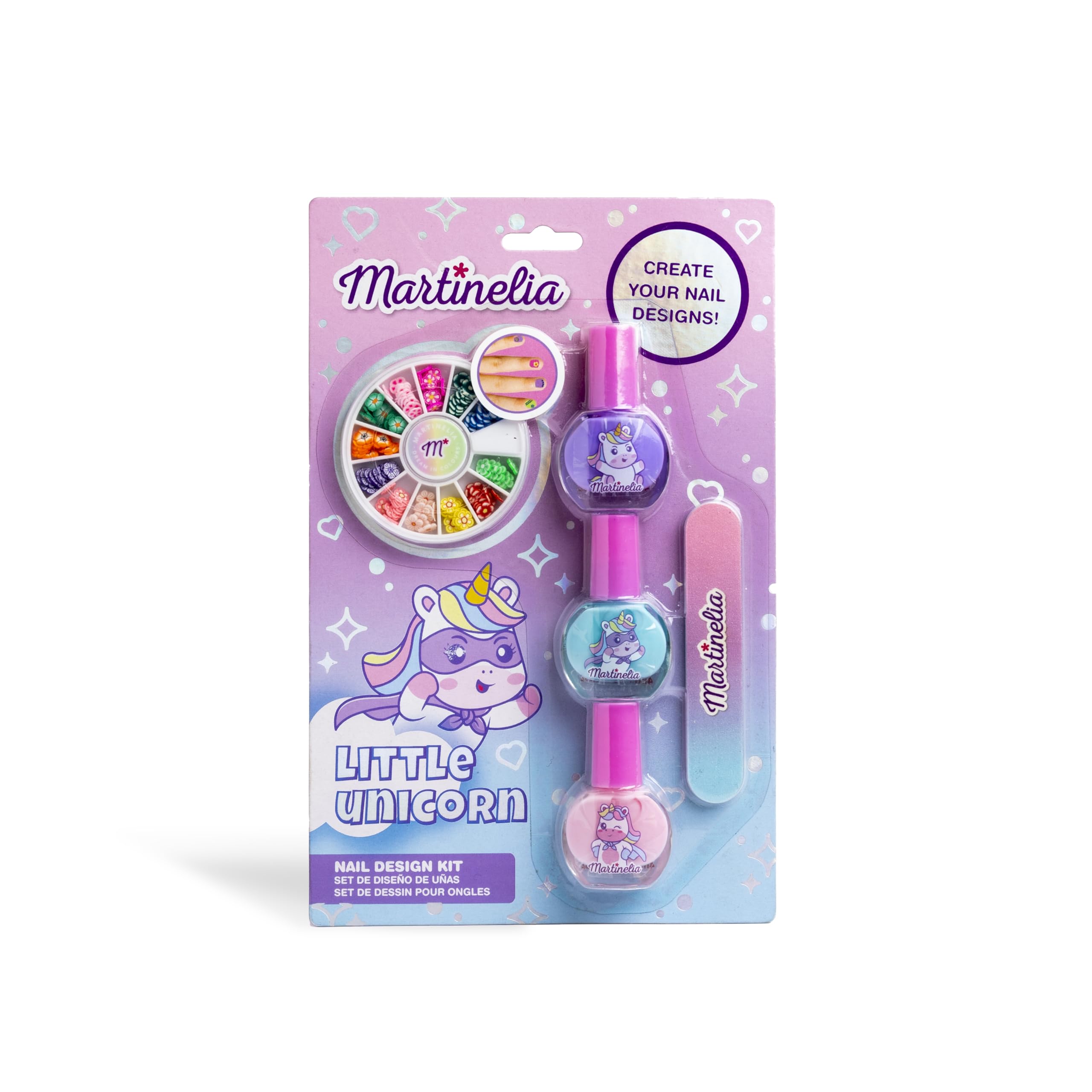 MARTINELIA - Zestaw do manicure z jednorożcem dla dzieci - zestaw do paznokci - 3 różowe, niebieskie i fioletowe lakiery do paznokci + 1 pilnik i dekoracje do paznokci - lakier wodny od 3 lat -