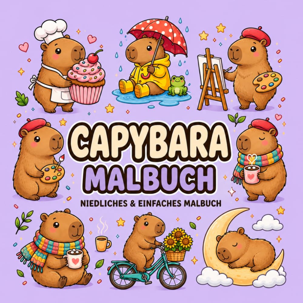 Capybara Malbuch für Kinder: Niedliche und einfache Ausmalbilder mit süßen Wasserschweinen – entspannendes Malbuch für Mädchen und Jungen