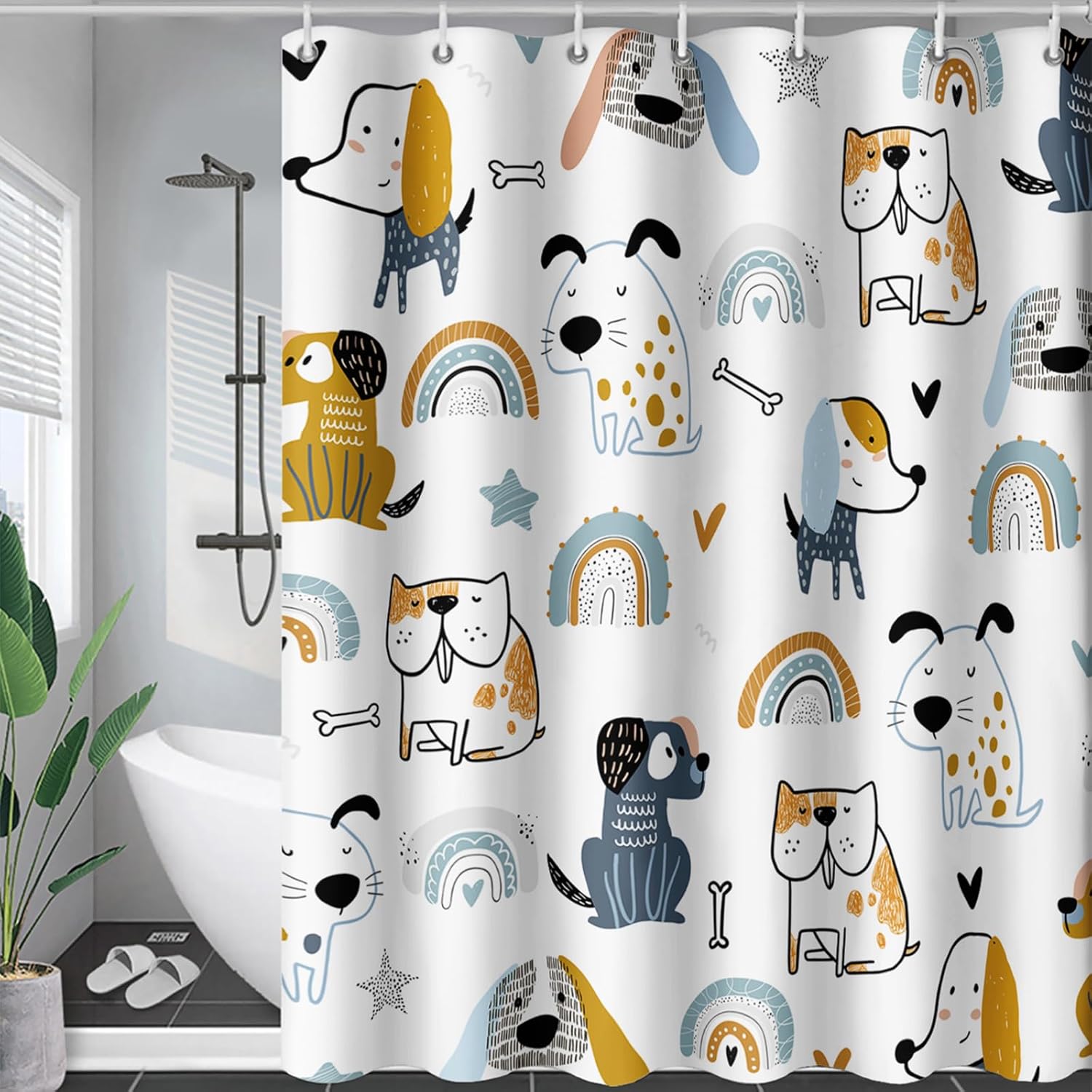 Cute Dogs Shower Curtain, Funny Cartoon Dogs Bath Curtain for Kids Bedroom, Rainbow Bones Puppy Bath Decor with 12 Hooks, Pet Animals Lover Decorative Bathroom Accessories, 70" W x 94" L