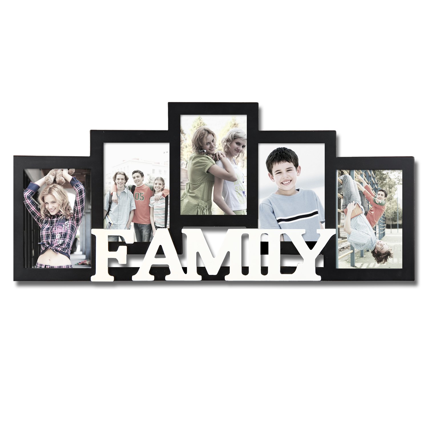 Adeco Decorative Black and White Wood ''Family'' Wall Hanging Picture Photo Frame, 5 Openings, 4x6''