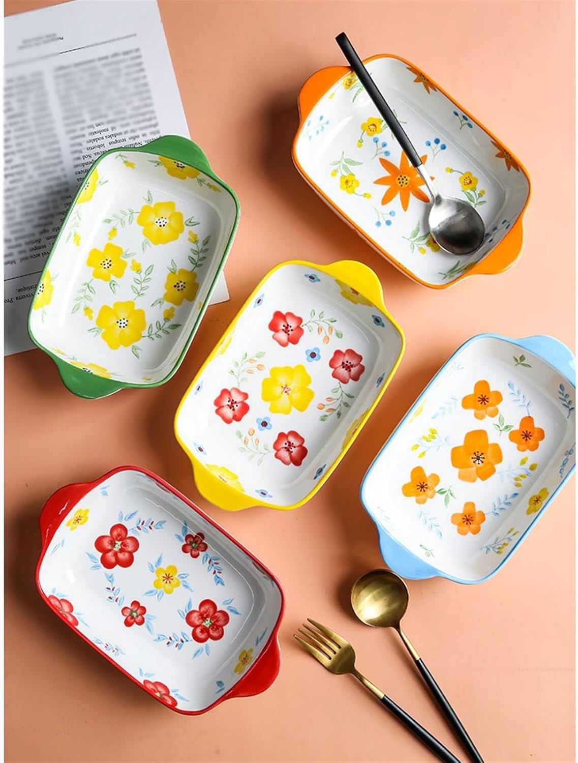 Lasagna Pans Cheese Baked Rice Baking Dish Ceramic Rectangular Hand-Painted Flowers Home Microwave Oven Special Baking Baking Bowl Lasagne Dish,Yellow
