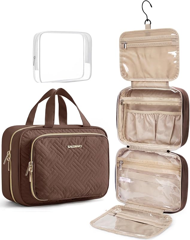 Necessaire de viagem BAGSMART suspensa com organizador de maquiagem e bolsa transparente, Coffee Brown