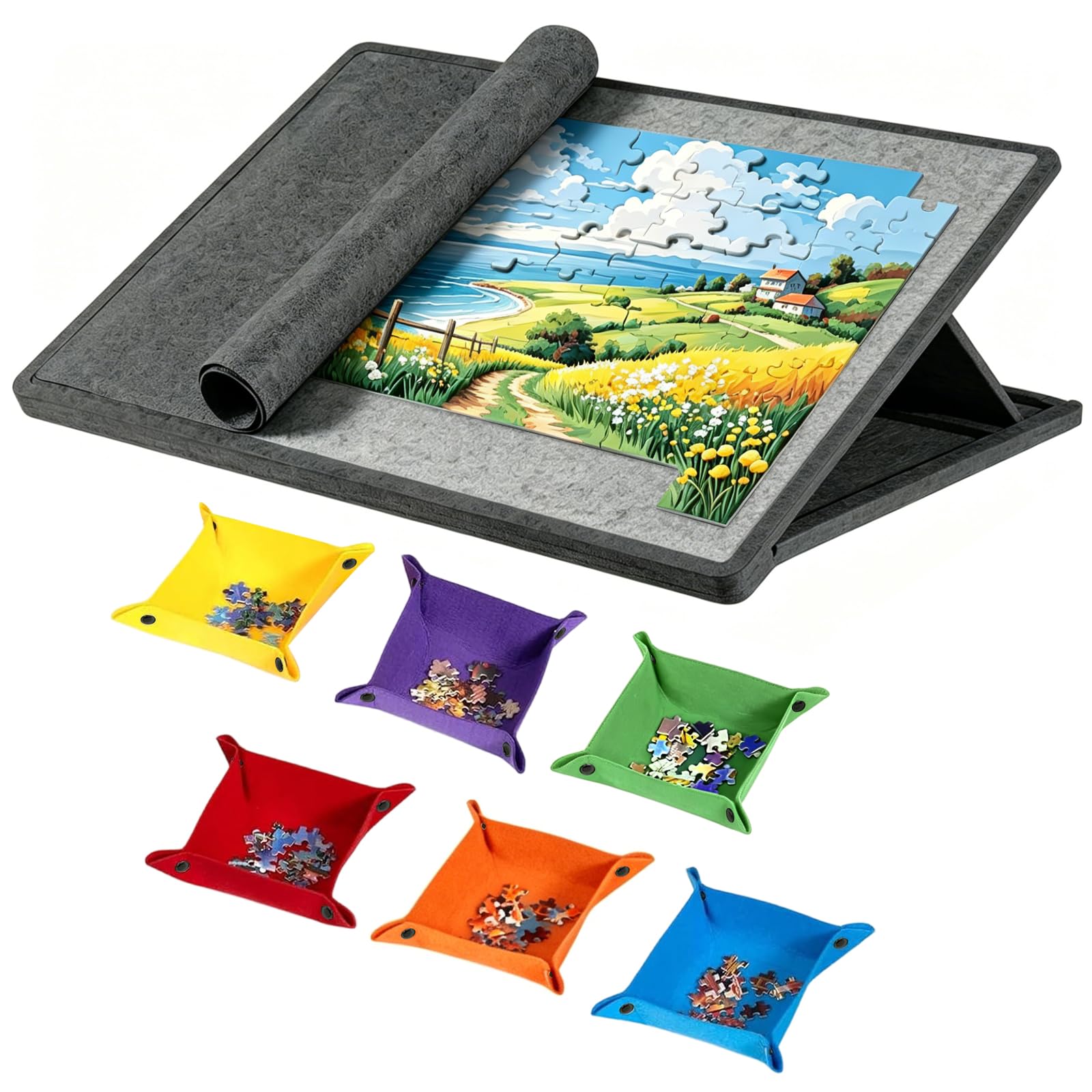 Jigsaw Puzzle Board with Adjustable Stand & Cover, Felt Mat for 1000 Pieces, Includes 6 Sorting Trays - Lightweight & Portable
