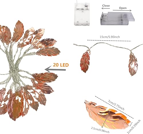 Vista 7 de Guirnalda de luces LED de plumas de oro rosa, farol de hojas de metal, funciona con pilas, luces de hadas para dormitorio, decoraciones de boda