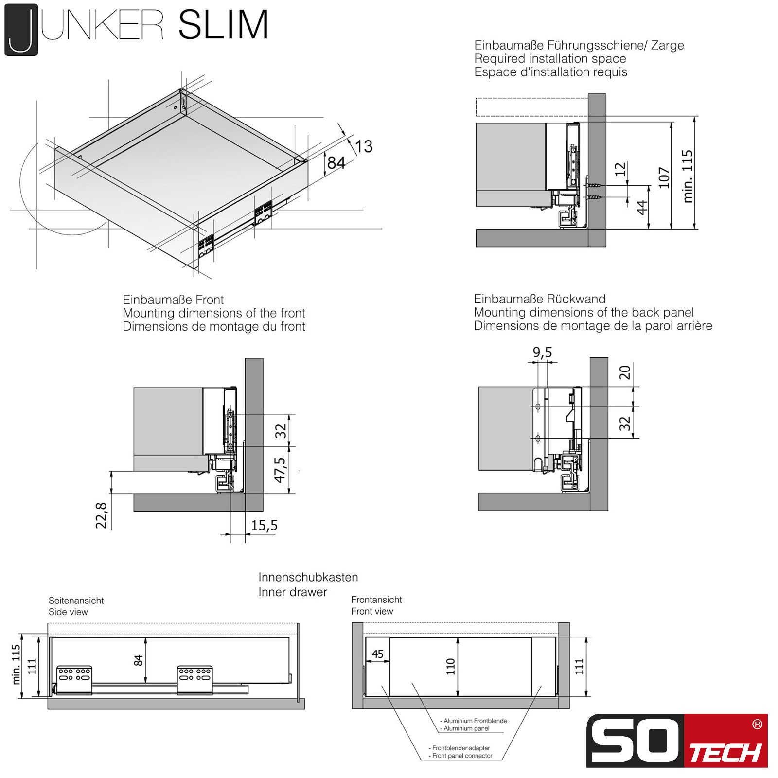SOTECH Sistema di cassetti JUNKER SLIM con Push to Open (antracite, altezza 84 mm, profondità 350 mm, portata fino a 35 kg) cassetto con telai da 13 mm