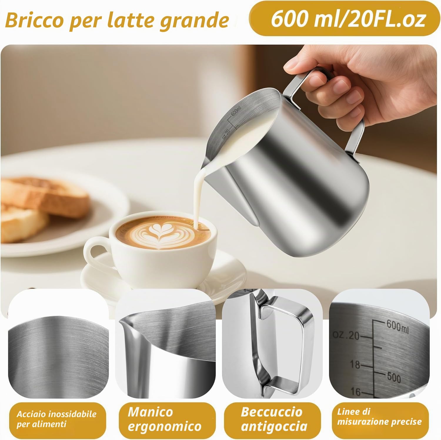 Bricco Latte 600ml in Acciaio Inox, Pentolino Latte di Misurazione Montalatte Schiuma Bollitore Lattiera Brocca In Schiuma per la Preparazione di Cappuccino