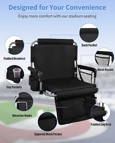 Miniatura 4 de Asiento de estadio con soporte de respaldo, asiento de blanqueador con respaldo y cojín, silla de estadio con portavasos y bolsa de malla y gancho