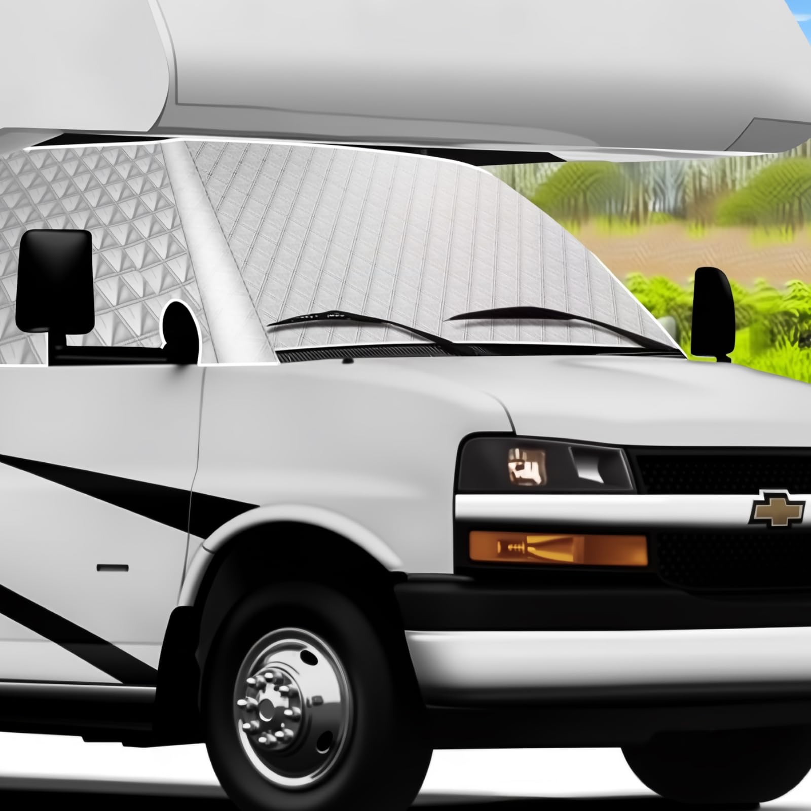 Photo 1 of D-Lumina RV Windshield Cover for Chevy 2001-2024 Motorhome, RV Windshield Window Snow Cover for Ice and Snow RV Front Window Sunshade Cover Block UV Ray Heat, RV Accessories with Mirror Cutouts Silver