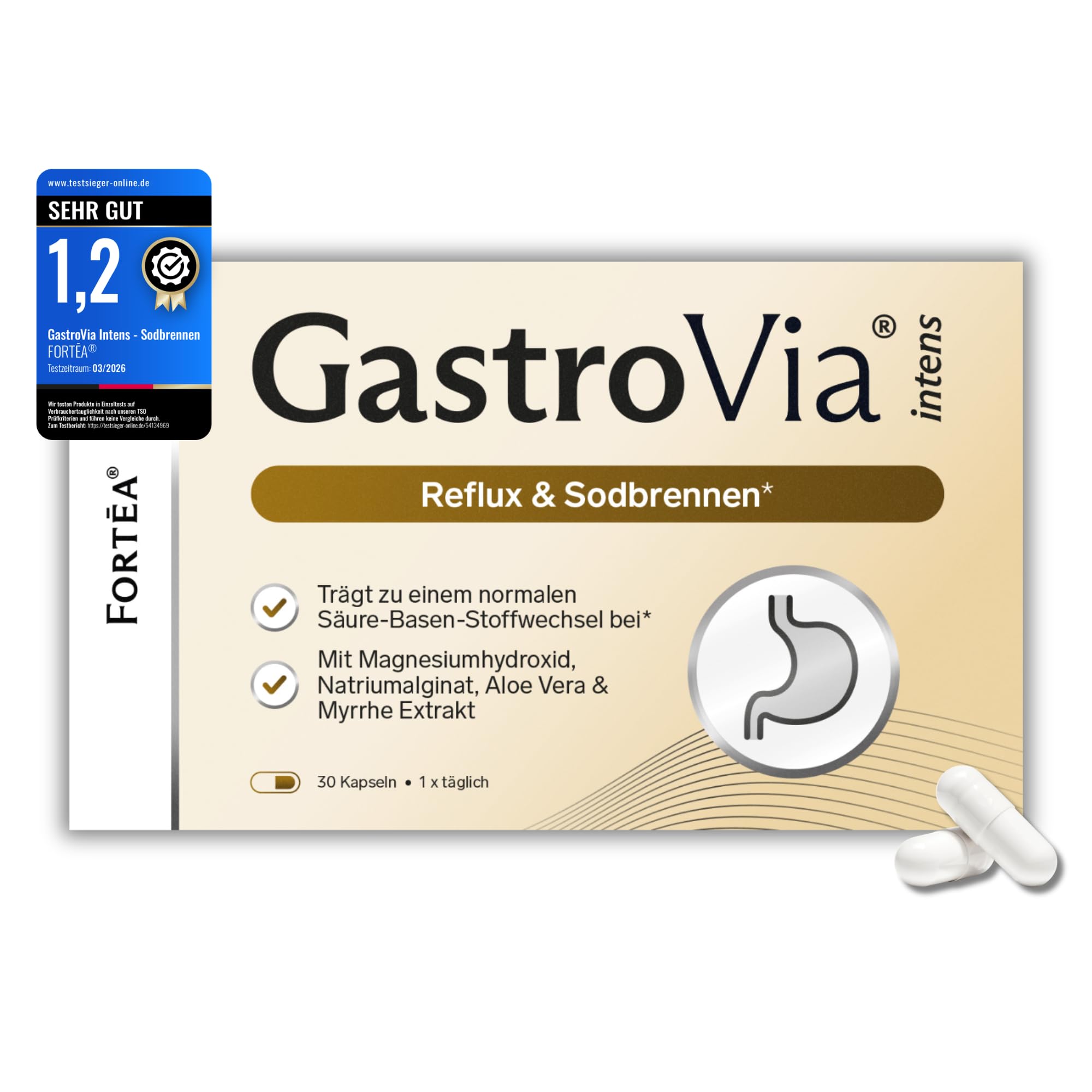 FORTEA® - Sodbrennen & Reflux Kapseln in Apothekenqualität - GastroVia intens - mit Zink, Vitamin A und Vitamin C - rezeptfrei & gut verträglich - Unterstützung der Magenfunktion - 30 Stk.