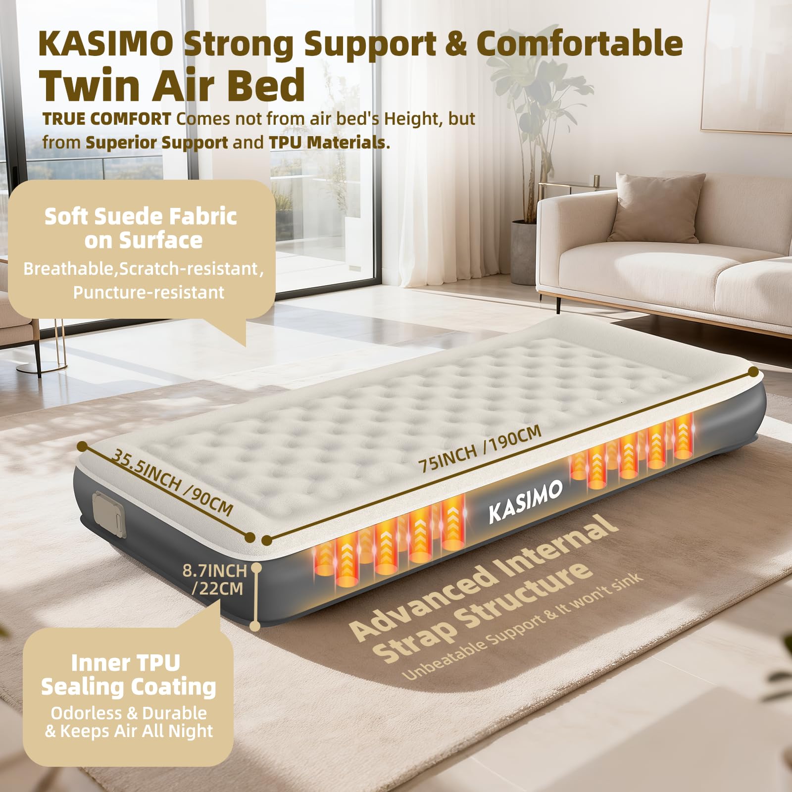 KASIMO Colchón de aire con bomba integrada, inflable TPU con almohada, para camping viajes casa de invitados individual