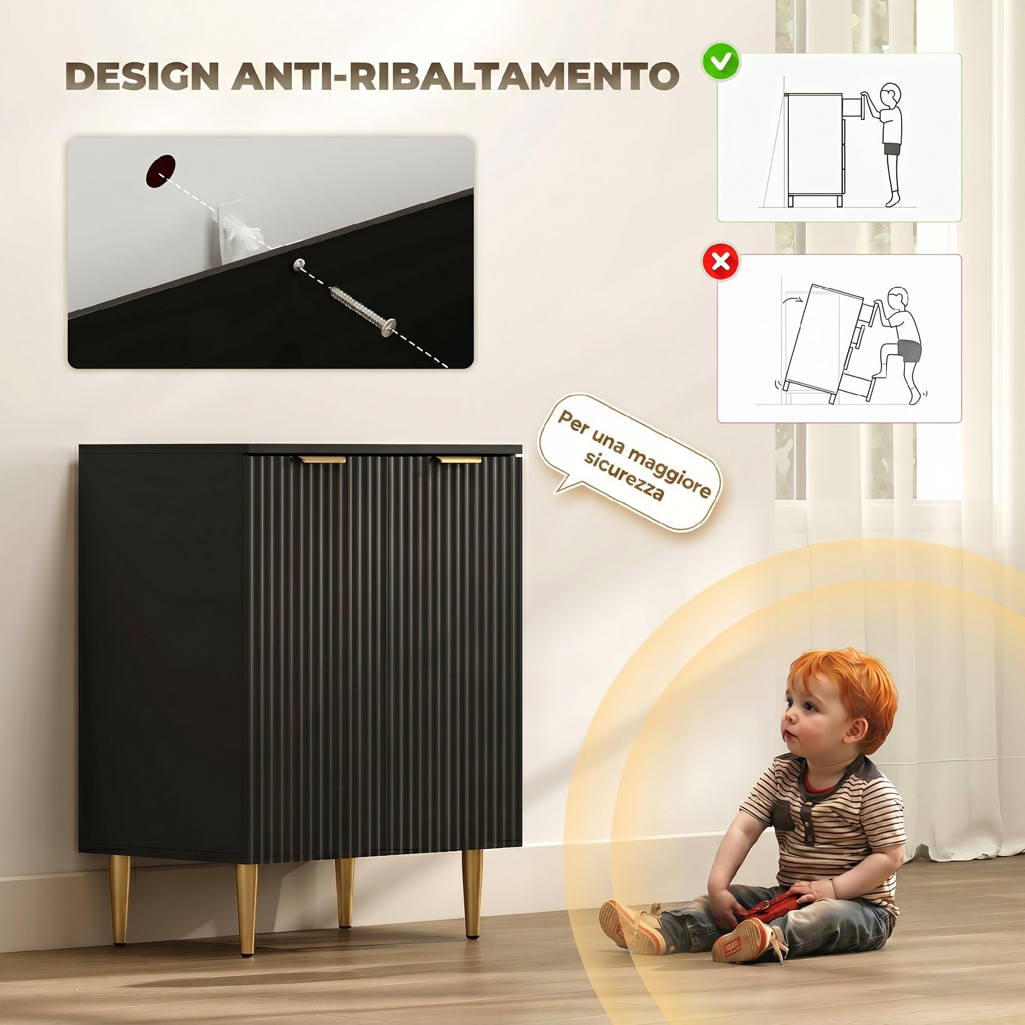 HOMCOM Credenza Cucina con 2 Ante, Ripiano Regolabile, 60x40x80 cm, Nero | Mobile Cucina, Mobile Buffet, Gambe in Metallo, per Soggiorno, Sala da Pranzo