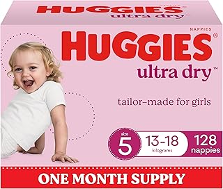 Huggies Ultra Dry Nappies Girls Size 5 (13-18kg) 128 Count - One Month Supply (Packaging May Vary)